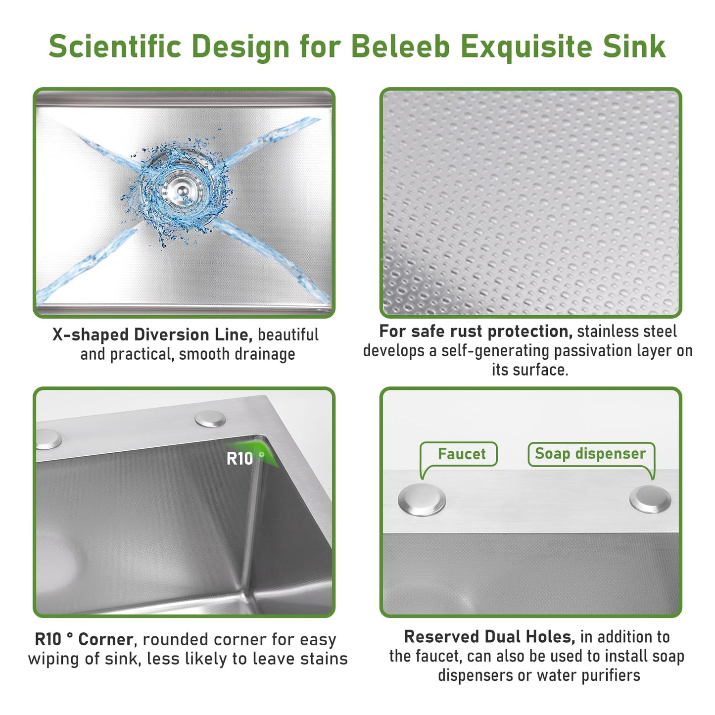White Smoke Beleeb Drop In Kitchen Sink 20x16", 9" Basin Depth, 18 Gauge Stainless Steel Sink, 3D Embossed Surface Finish Top Mount with Accessories