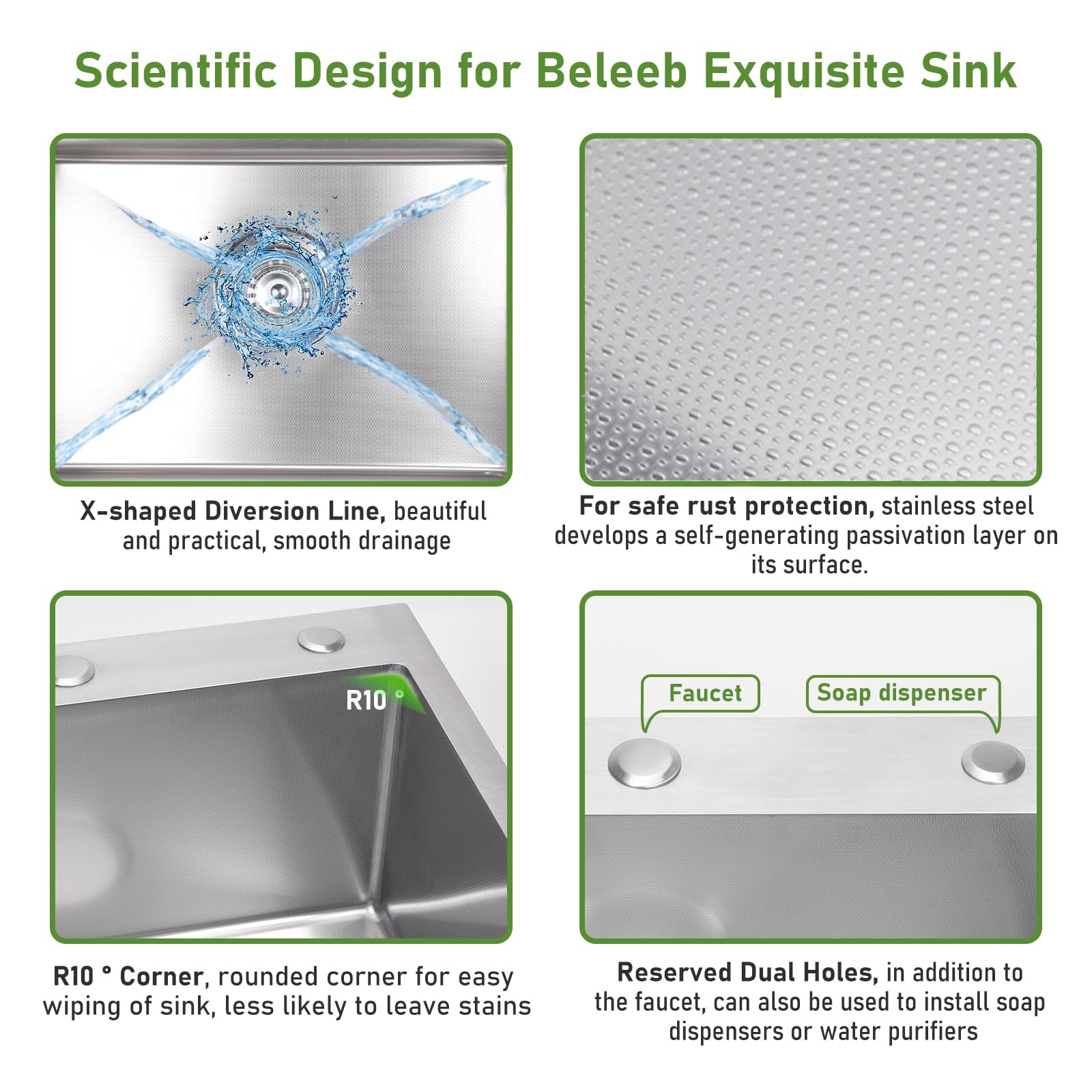 White Smoke Beleeb Drop In Kitchen Sink 20x16", 9" Basin Depth, 18 Gauge Stainless Steel Sink, 3D Embossed Surface Finish Top Mount with Accessories