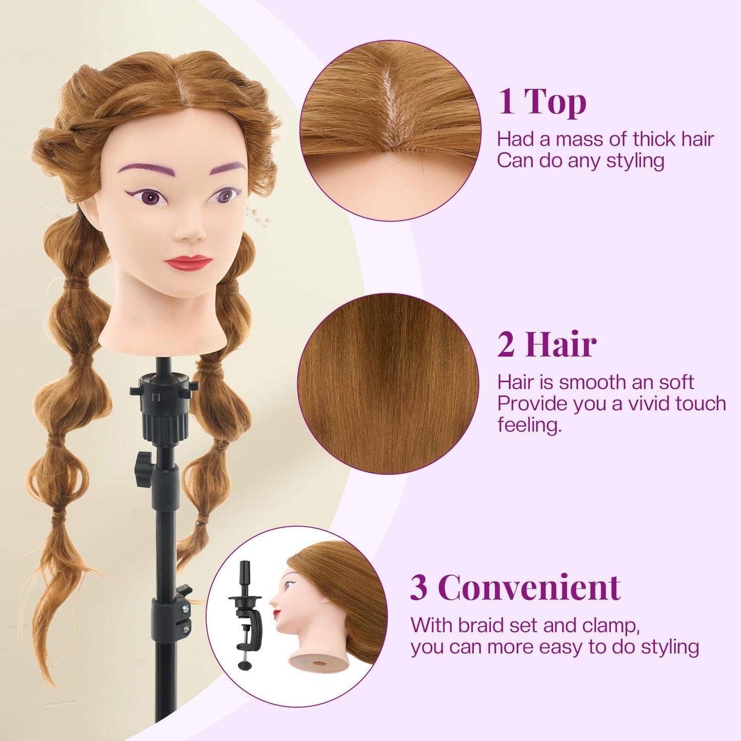 Lavender Blush 28" Mannequin Head with 80% Human Hair - Cosmetology Manikin Doll Head for Hair Styling, Training Practice Braiding Head with Table Clamp,DIY Hair Styling Set Suitable for Hair Extensions #27