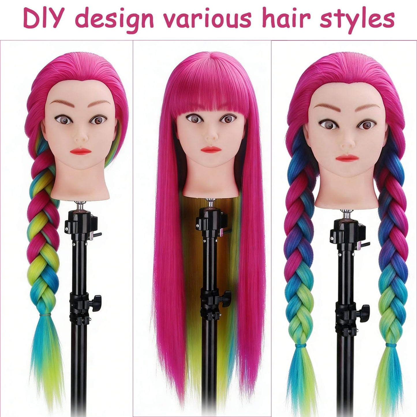 White Smoke Training Head, TopDirect 29" Colorful Hair Mannequin Manikin Head Cosmetology Doll Head Practice Styling Hairdressing Training Braiding Heads with Clamp Holder and Tool Set