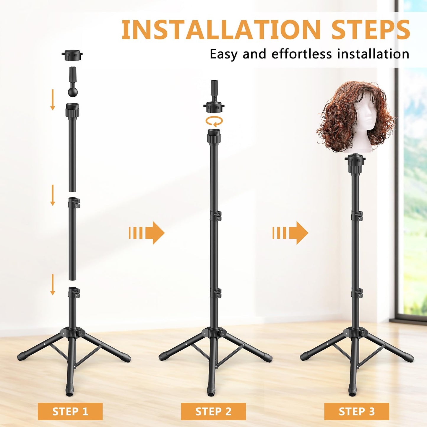 White Smoke Retbtnm Wig Head Stand 50 Inches, Height Adjustable Tripod Wig Stand, Salon Mannequin Head Stand with Anti-Slip Base for Styling, Wig Display Barber Training, Beauty School (Black)