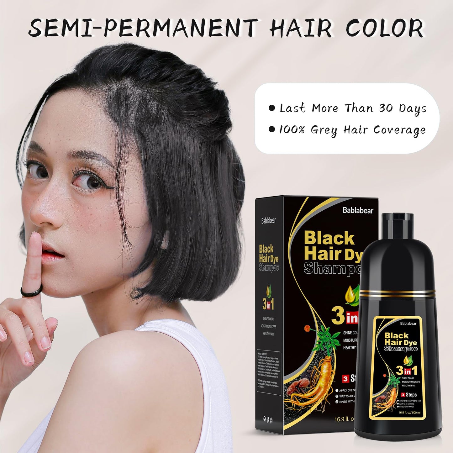Light Gray Bablabear Black Hair Dye Shampoo for Gray Hair, Semi-Permanent Hair Color Shampoo for Women and Men, Herbal Ingredients, 3 in 1 100% Grey Coverage.Lasts 30 Days/500ml/Natural herbal Ingredients