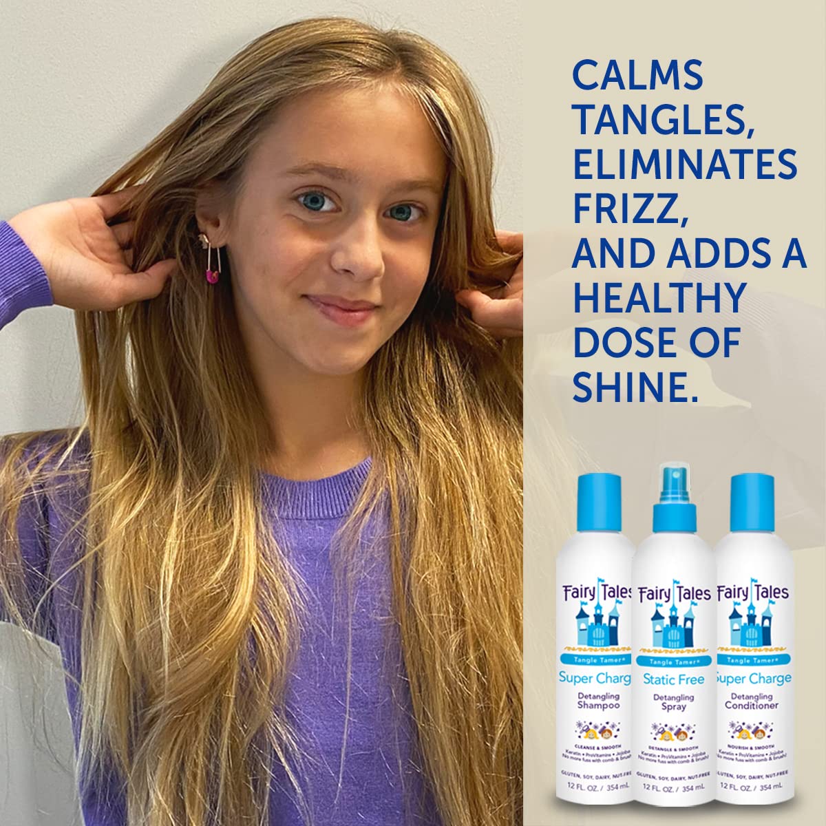 Light Gray Fairy Tales Tangle Tamer Super Charge Detangling Shampoo, Conditioner, and Spray for Kids - Travel Kit - Paraben Free, Sulfate Free, Gluten Free, Nut Free - 3.3 oz (Pack of 3)
