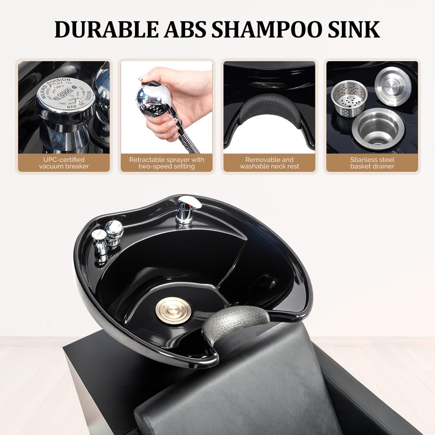 White Smoke OmySalon Shampoo Chairs for Salon, Stainless Steel Frame & UPC Certified Shampoo Bowl, Hair Washing Station, Backwash Unit for Beauty Spa Barbershop, Black and Gold