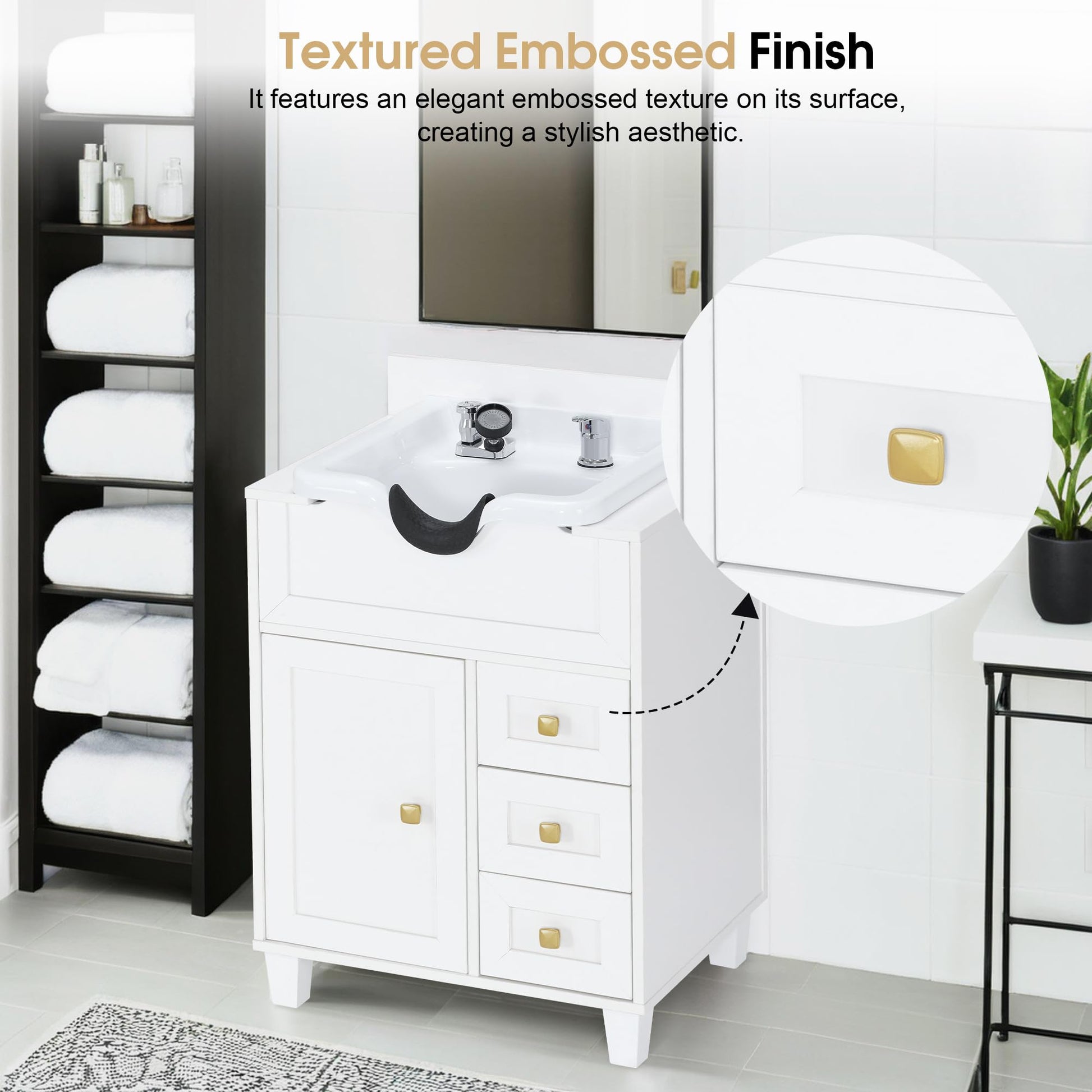 Lavender BarberPub Barber Storage Shampoo Station, Spa Textured Embossed Cabinet with Shampoo Bowl & Drawers, Hair Salon Sink Backwash Equipment 7131 (All White)