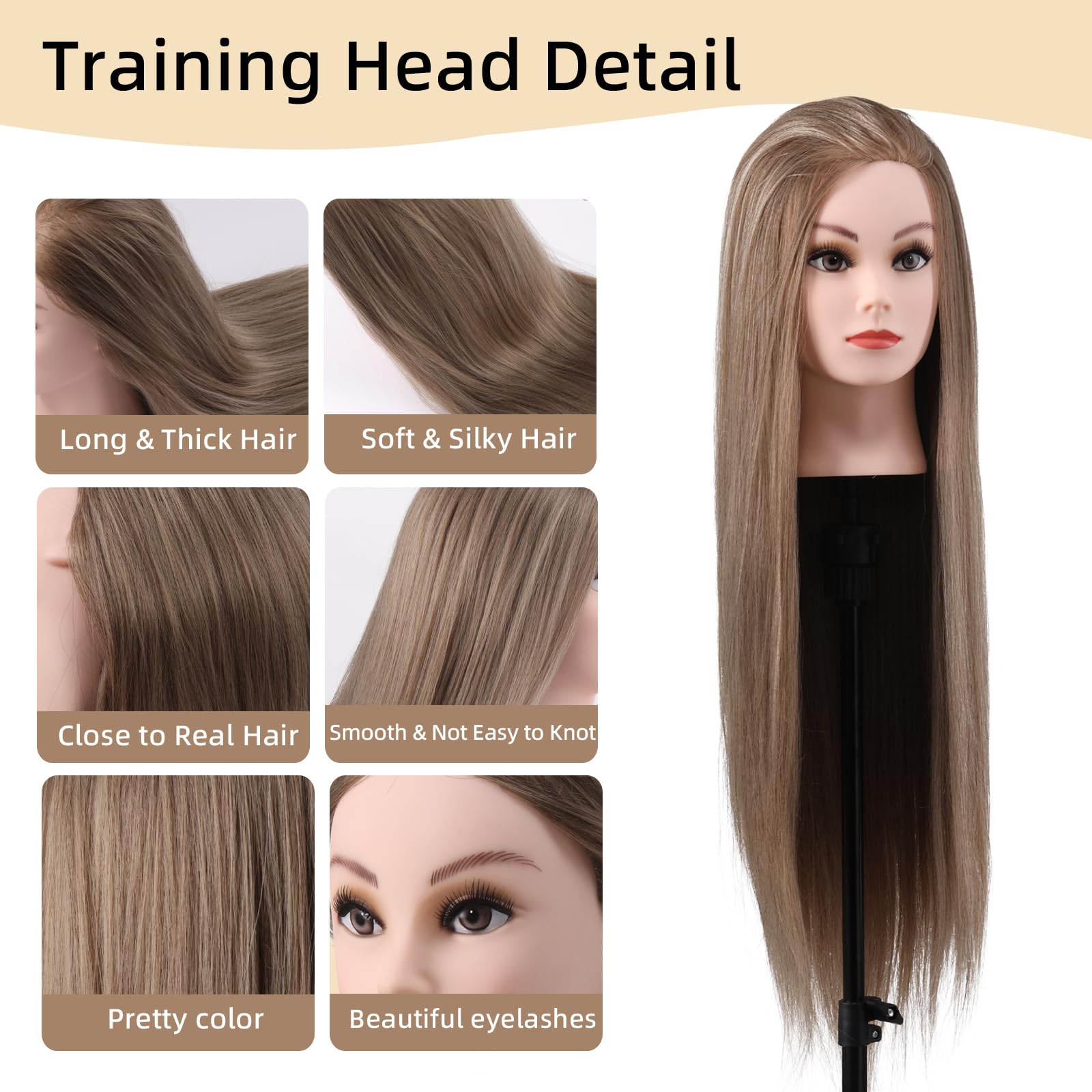 White Smoke Mannequin Head with Hair, 26" Hair Mannequin Manikin Head Hair Practice Cosmetology Hair Doll Head Styling Hairdressing Training Braiding Cutting Setting with Clamp Holder and Tools