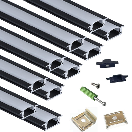 White Smoke THMOOTHER 10-Pack 3.3FT/1M LED Strip Aluminum Channel Diffuser,Collar Shape Tape Light Under Cabinet Floating Shelf Alcove Recessed 25X7MM Matte Black Anodized Track, Milky Cover Concave Slot Profile