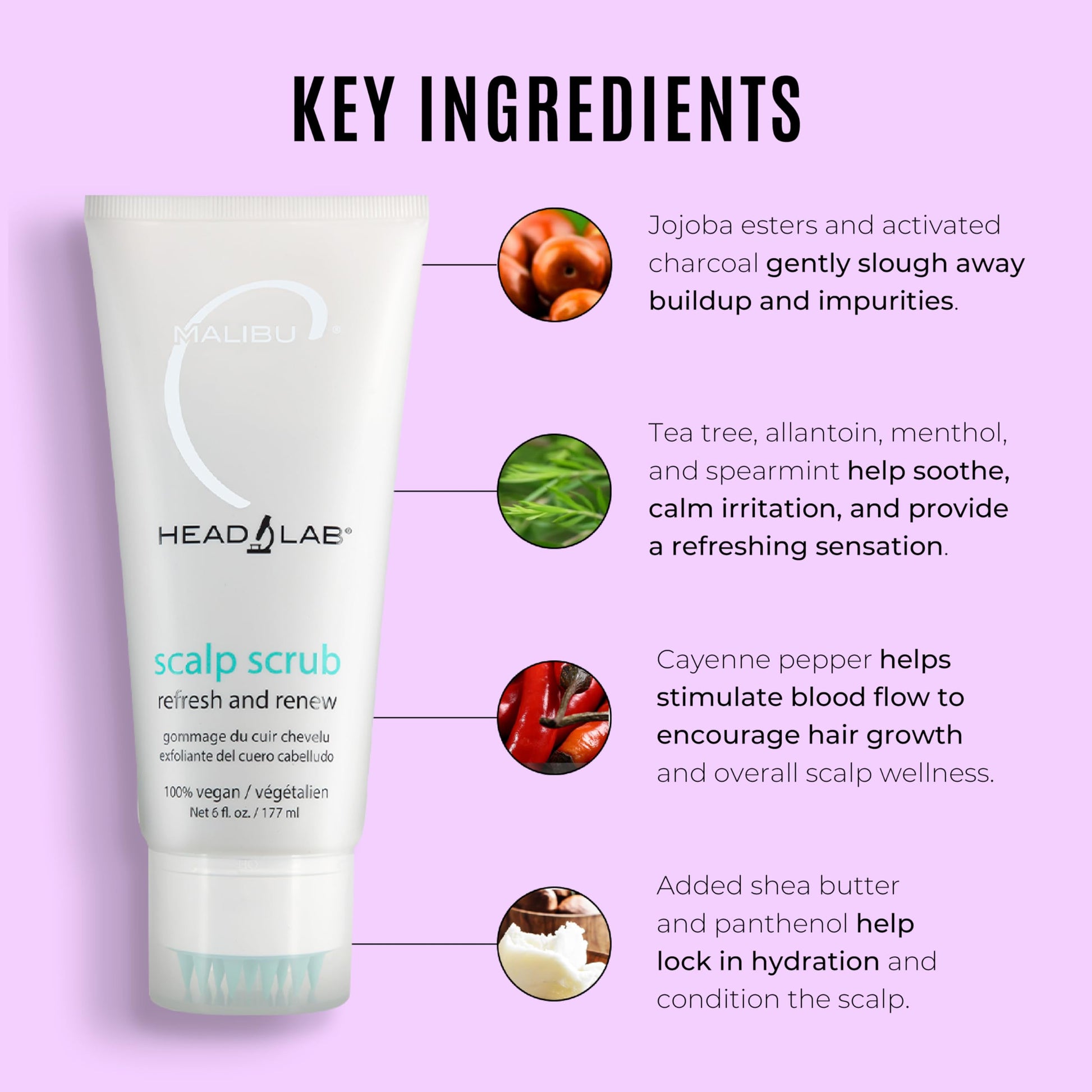 Lavender Malibu C Head Lab Scalp Scrub - Gentle Scalp Exfoliator Enriched with Activated Charcoal and Jojoba Esters - Clean, Vegan Hair Care (6 oz)