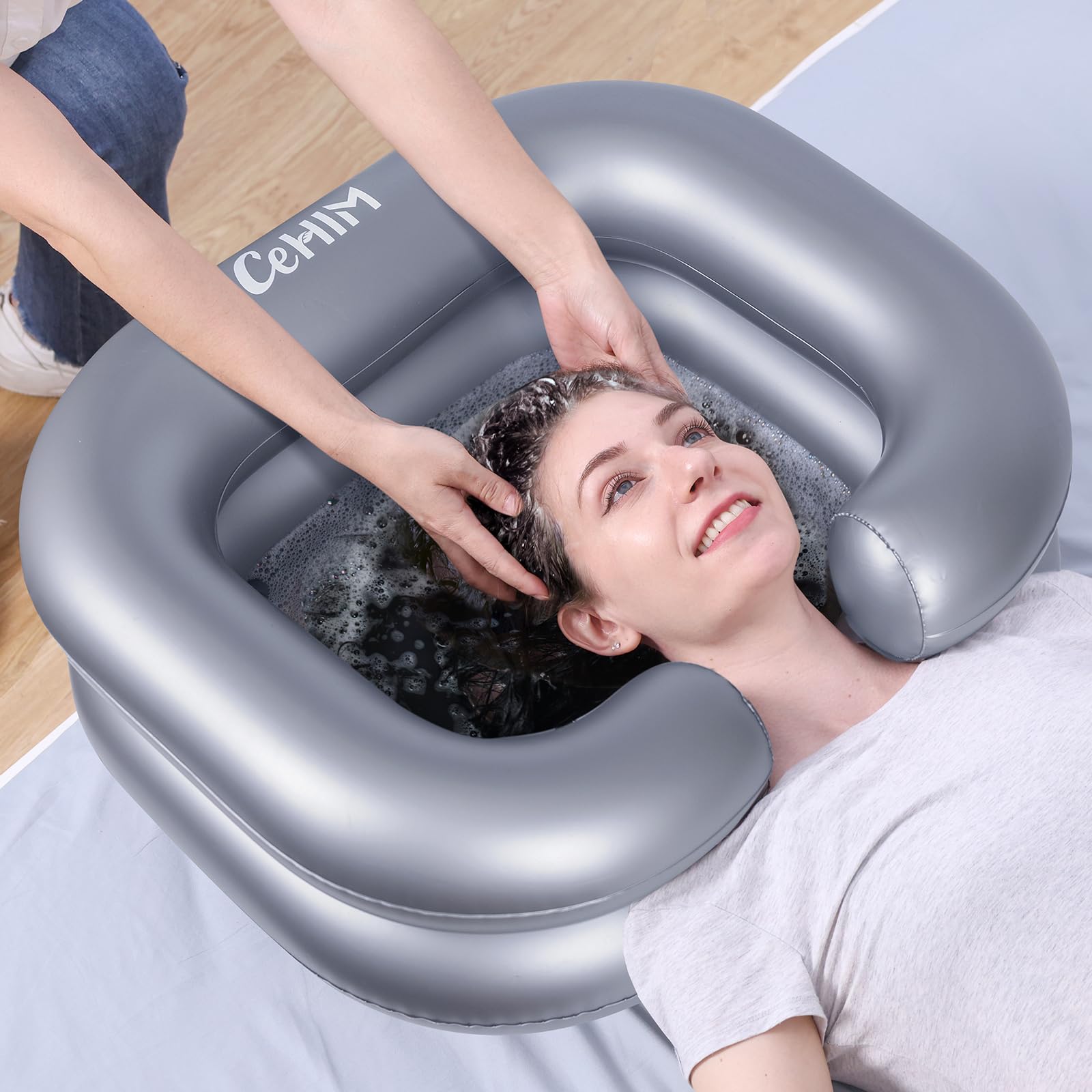 Light Gray Cehim Inflatable Shampoo Basin - Portable Shampoo Bowl, Hair Washing Basin for Bedridden, Disabled,Injured, Hair Wash Tub for Dreadlocks and at Home Sink Washing