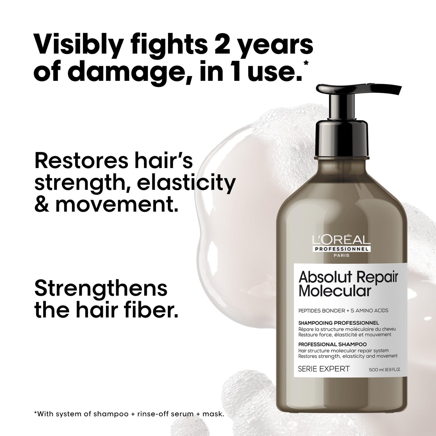White Smoke L'Oréal Professionnel Paris Absolut Repair Molecular Shampoo - Bond Building & Hair Strengthening Shampoo, For All Color Treated and Damaged Hair, With Peptide Bonder & Amino Acids, Sulfate-Free
