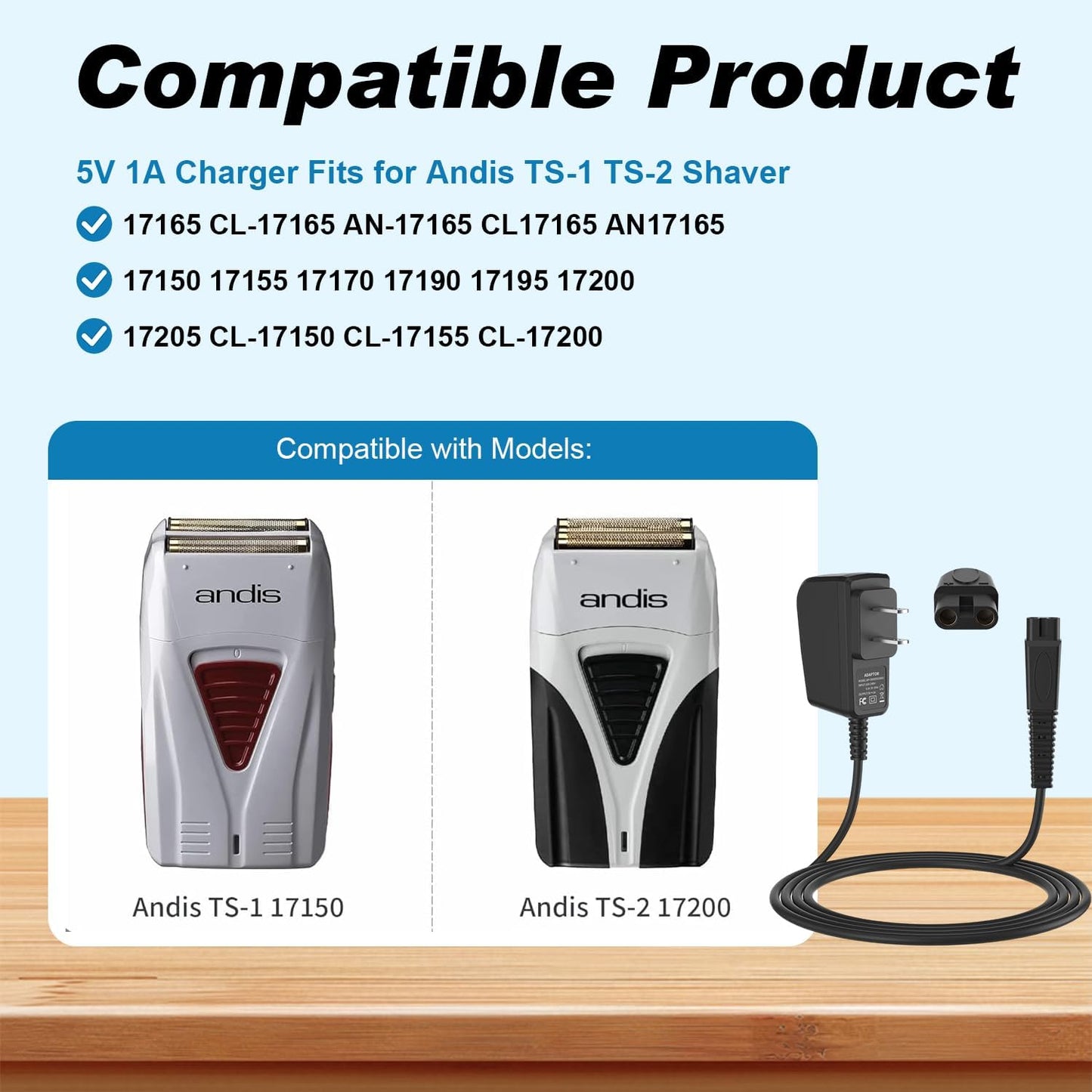 Alice Blue Xxszhy 5V 1A Adapter for Andis Shaver Charger Power Cord, Replacement Andis Charger Compatible with 17150 17165 TS-1 TS-2 Foil Shaver