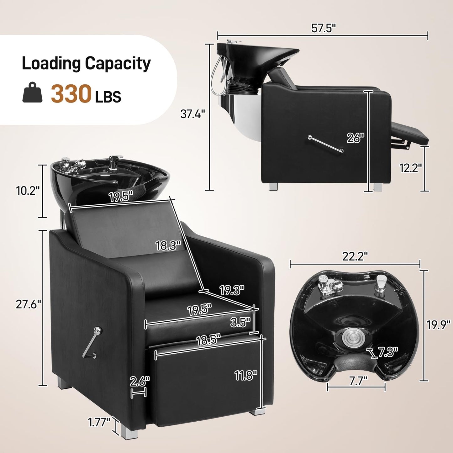 White Smoke Winado Shampoo Backwash Barber Chair with Ceramic Hair Wash Bowl Sink, Adjustable Leg Baffle, Reclining Shampoo Station Chair for Barbershop Beauty Spa Massage Hairdressing Equipment, Black