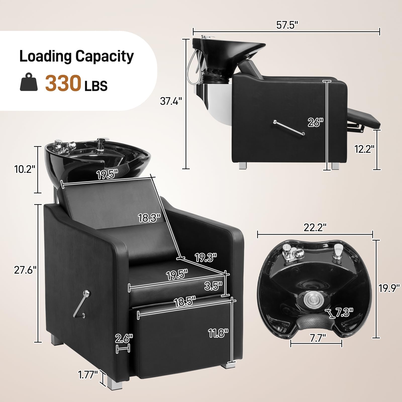White Smoke Winado Shampoo Backwash Barber Chair with Ceramic Hair Wash Bowl Sink, Adjustable Leg Baffle, Reclining Shampoo Station Chair for Barbershop Beauty Spa Massage Hairdressing Equipment, Black
