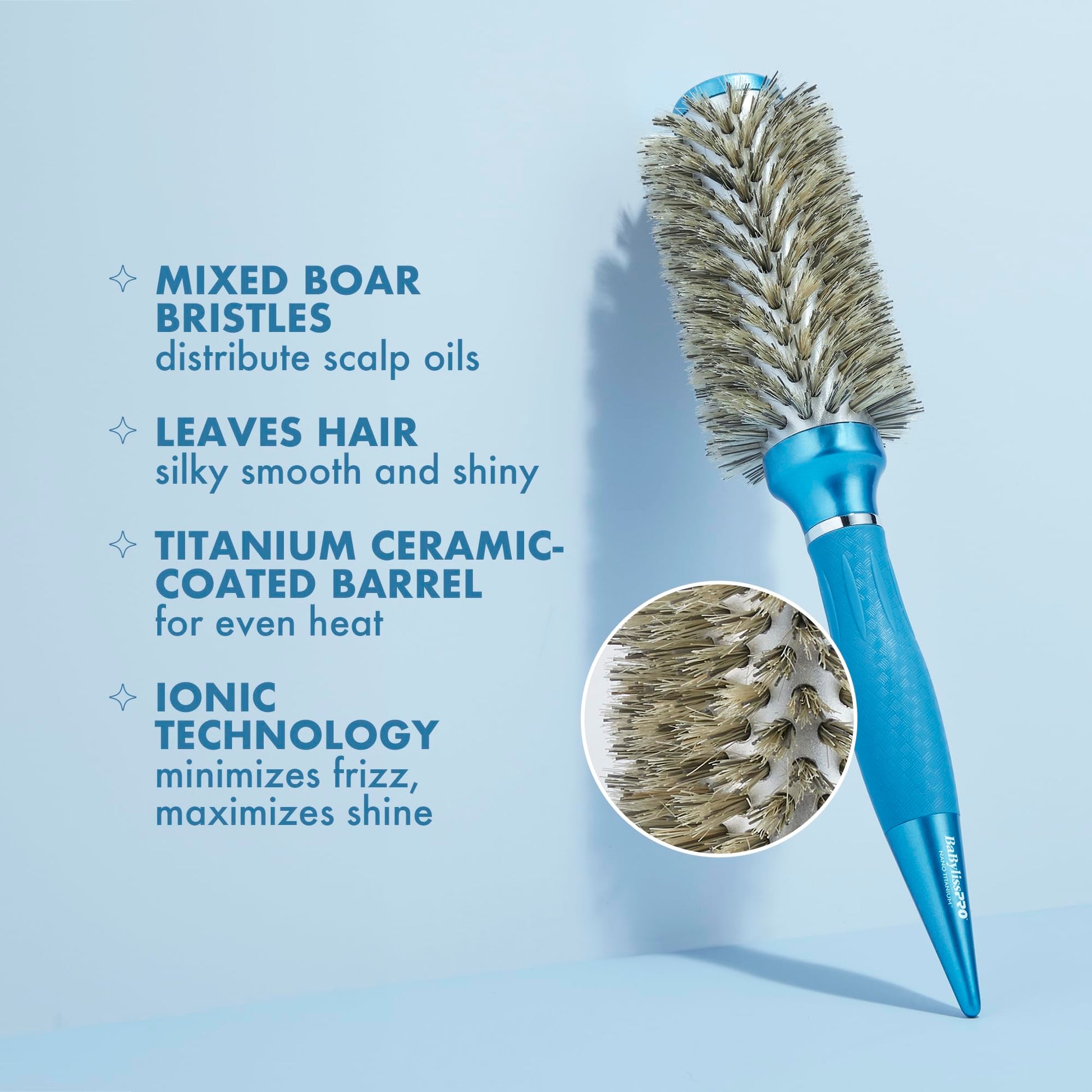 Light Blue BaBylissPRO Nano Titanium 1.3" Boar Bristle Round Hair Brush – Professional Styling Brush for Shine & Smoothness – Thick and Textured Hair for Silky, Frizz-Free Shine