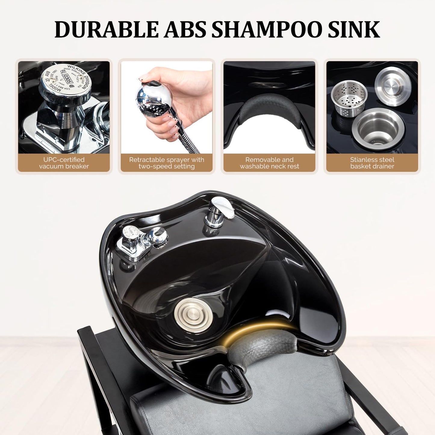 White Smoke OmySalon Salon Shampoo Chair with Tilting Hair Washing Bowl & Storage Shelf, Backwash Shampoo Unit for Beauty Spa Barbershop