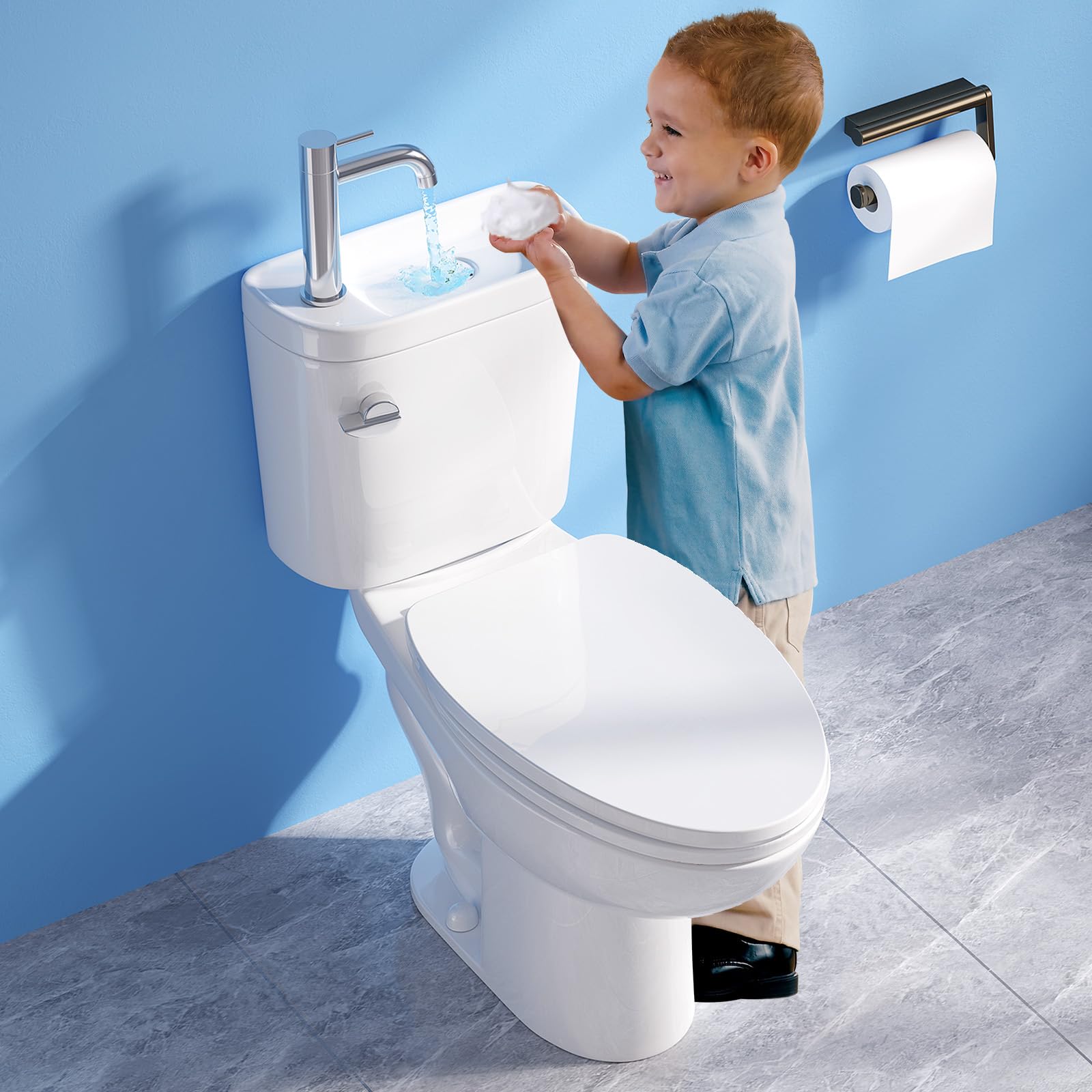 Sky Blue Simple Project Modern Elongated Toilet with Sink, 3-IN-1 Faucet Toilets with 12 Inch Rough IN & 1.28 GPF Single Flush, 17 Inch Tall Toilet Sink Combo for Small Bathrooms (Include Faucet)