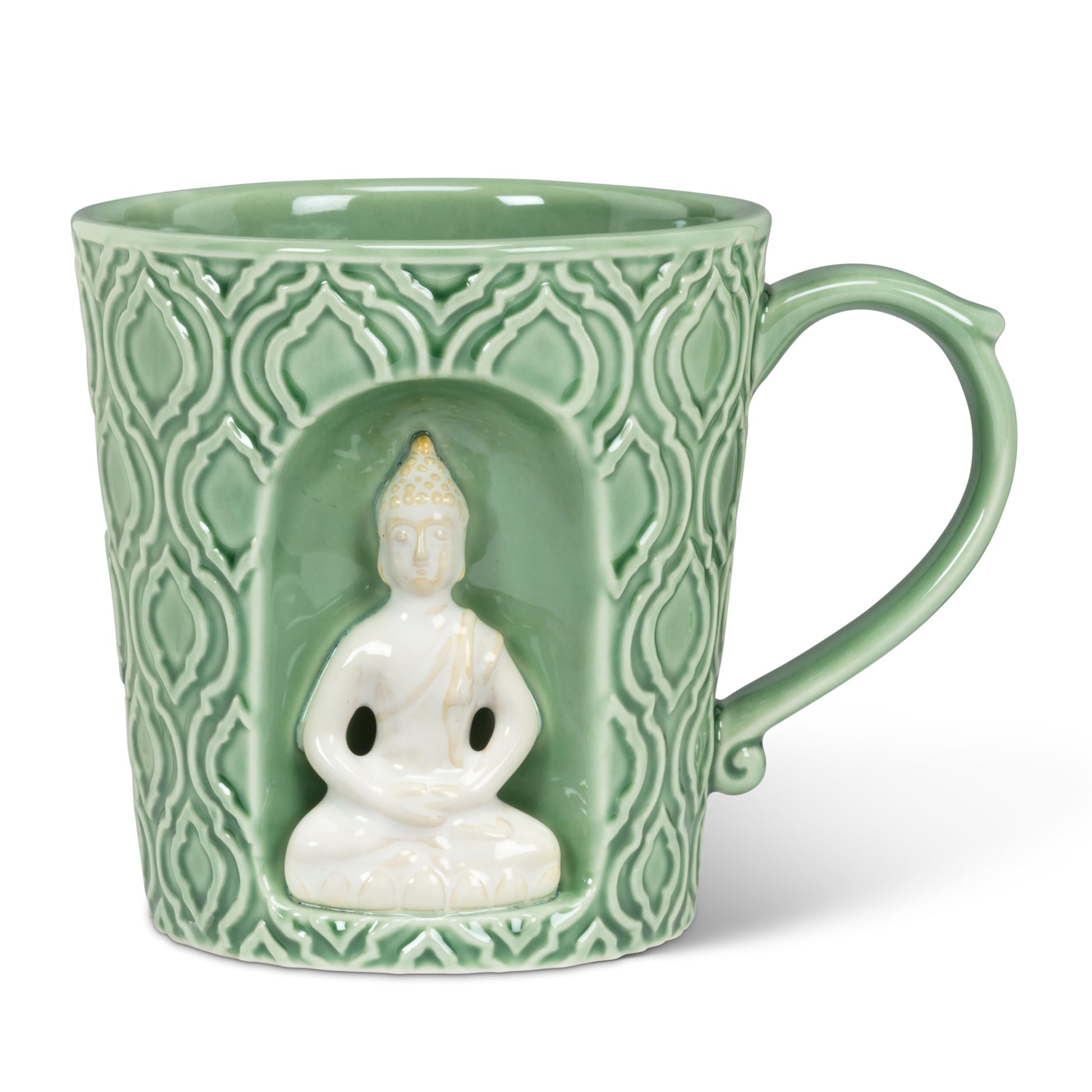 White Smoke Abbott Collection Alcove Emboss Taper Mug with Buddha - Stoneware, Green/White, 4 inches H (14oz)