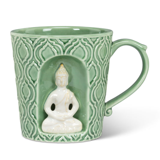 White Smoke Abbott Collection Alcove Emboss Taper Mug with Buddha - Stoneware, Green/White, 4 inches H (14oz)