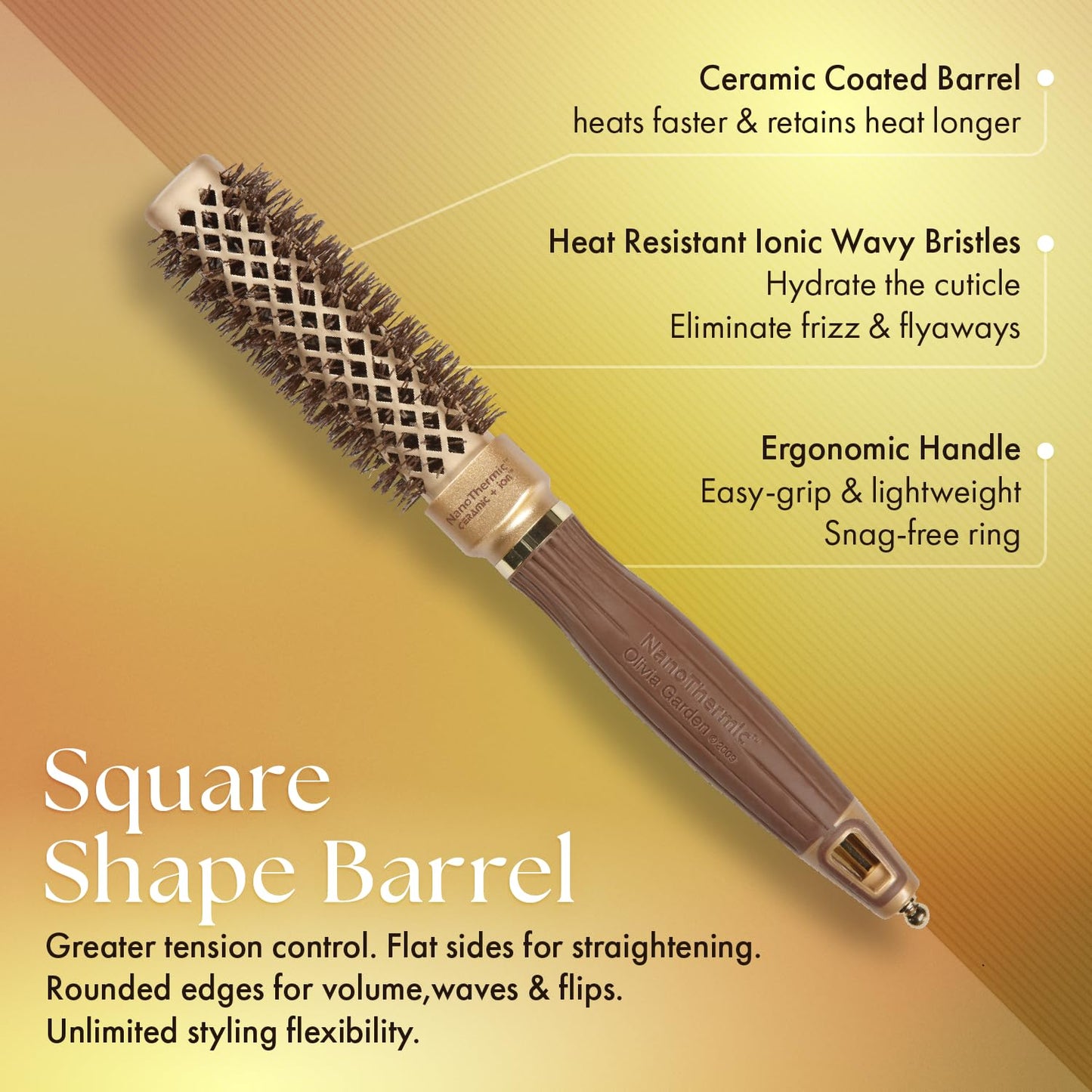 Sandy Brown Olivia Garden NanoThermic Ceramic + Ion Square Shaper Thermal Hair Brush - Not Electrical - Professional Blowout Brush for Normal to Thick Hair - 1"-Diameter Barrel - NT-S20
