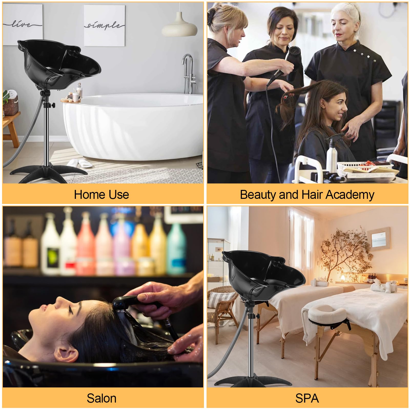 Light Gray Portable Shampoo Bowl, 270 Degree Rotation of Hair Washing Basin, Height Adjustable Salon Sink with Drain Hoses for Home Salon Use (Black)