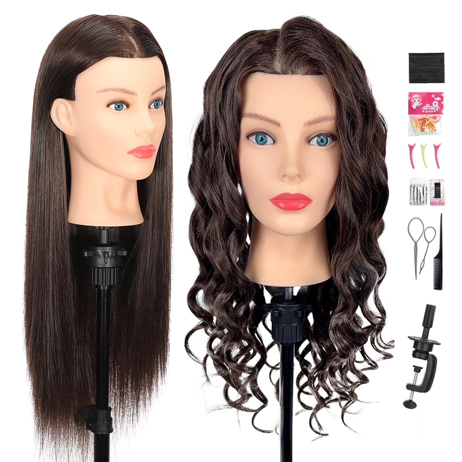 White Smoke Mannequin Head Human Hair- Cosmetology Manikin Doll Head with 80% Real Hair for Hairdresser Practice Styling Braiding & Free Clamp Holder (Black Brown)