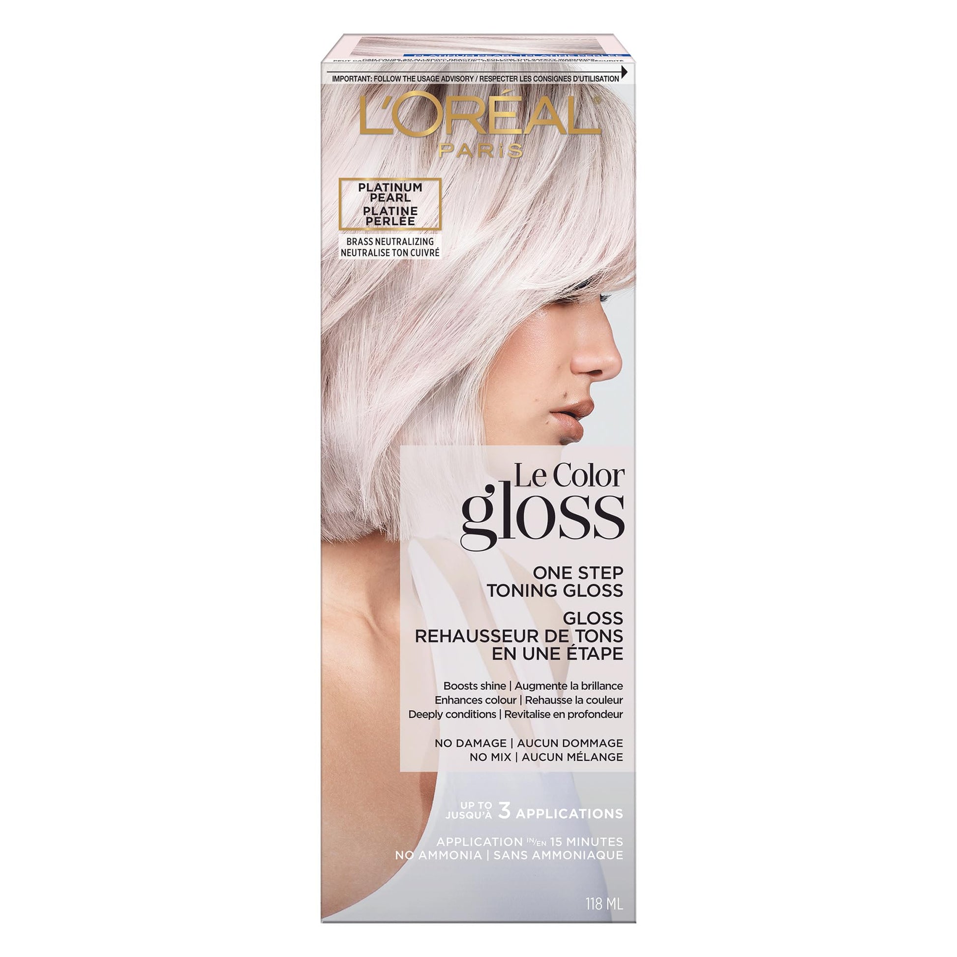 Light Gray L’Oreal Paris Le Color Gloss One Step In-Shower Toning Hair Gloss for Bleached Hair, Neutralizes Brass, Conditions & Boosts Shine, Platinum Pearl, 4 Ounce