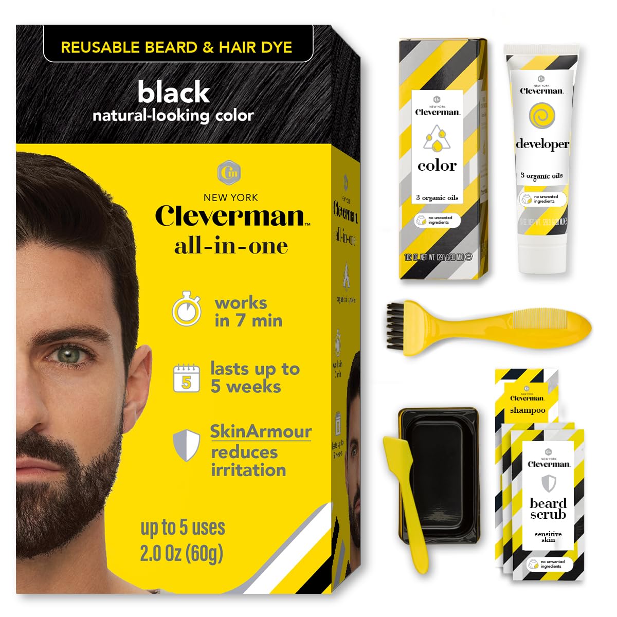 White Smoke 2X Reusable Hair & Beard Dye for Men – Auburn 7.04 | Up to 10 Uses, 7 Minutes | Natural Gray Coverage, No-Drip Cream with SkinArmour® – Cleverman