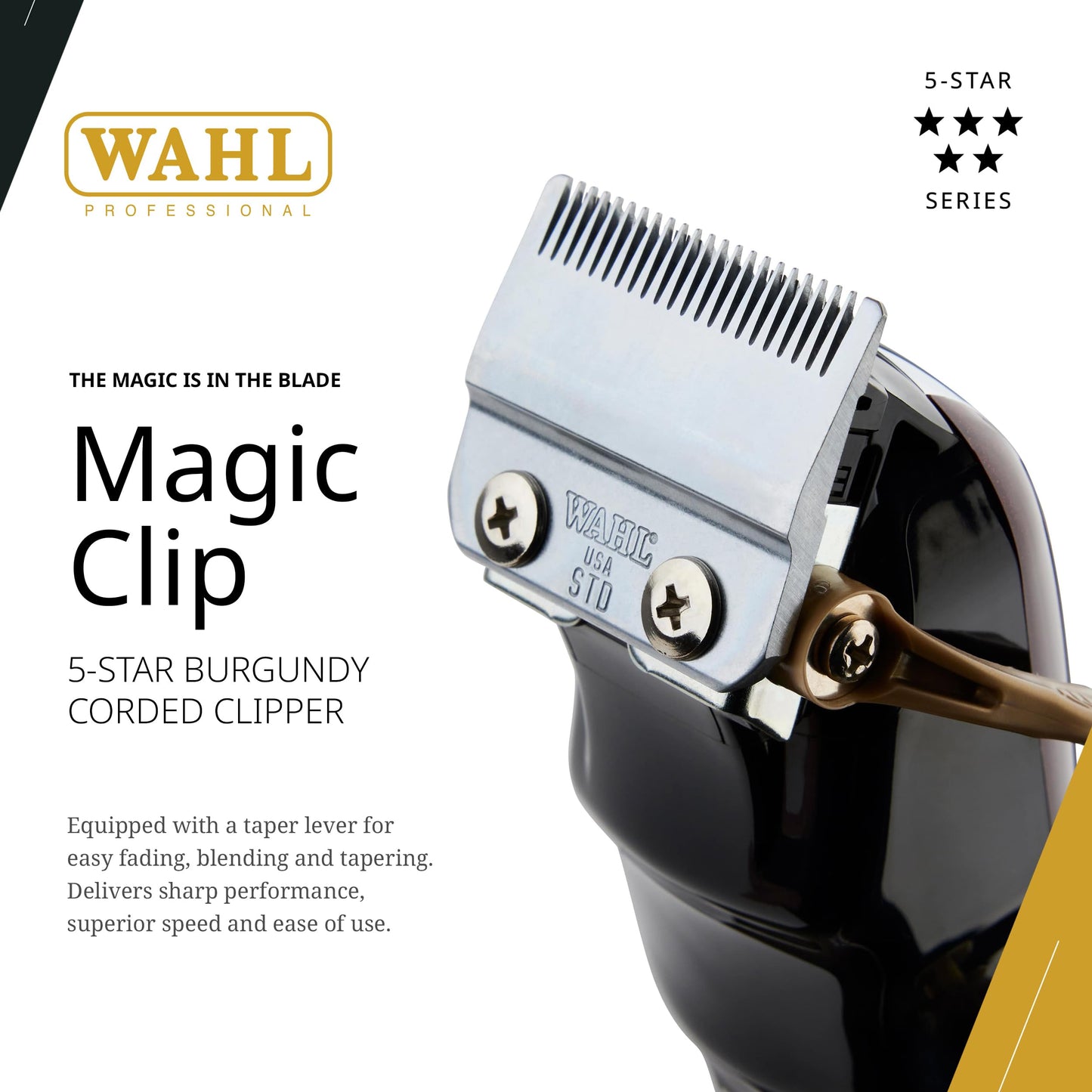 White Smoke Wahl Professional 5 Star Series Magic Clip Precision Fade Clipper with Zero Overlap Adjustable Blades, Corded Operation, V9000 Motor, Chrome
