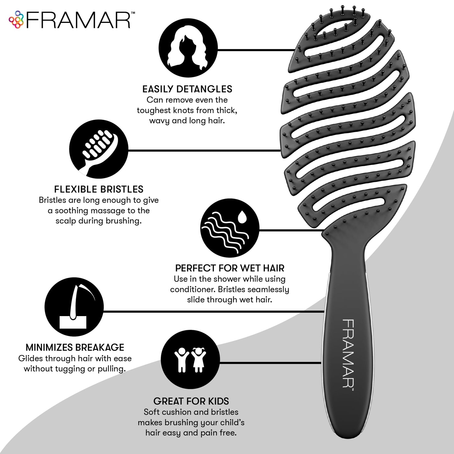 White Smoke FRAMAR Vented Hair Brush For Women – Flex Brush, Wet Hair Brush Detangler, Wet Hairbrush For Women, Detangle Brush, Brushes For Hair, Hairbrushes – Vented Design For Faster Drying Time - Black