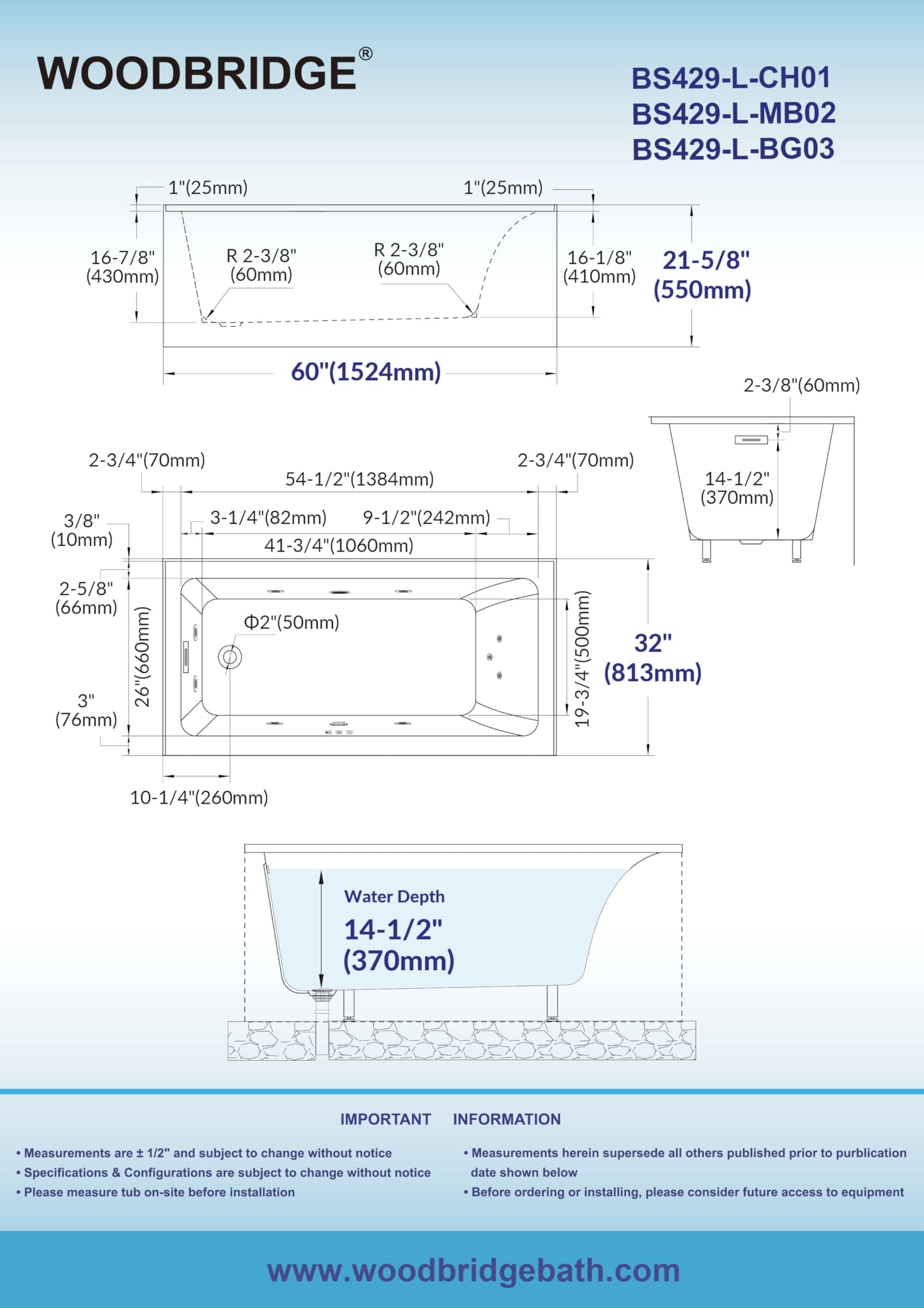 White Smoke WOODBRIDGE 60" x 32" Alcove Acrylic Rectangular Whirlpool Heated Jetted Tub in White with Left Drain, Polished Chrome Finish Trim and Drain Kit Included, BS429-L-CH01