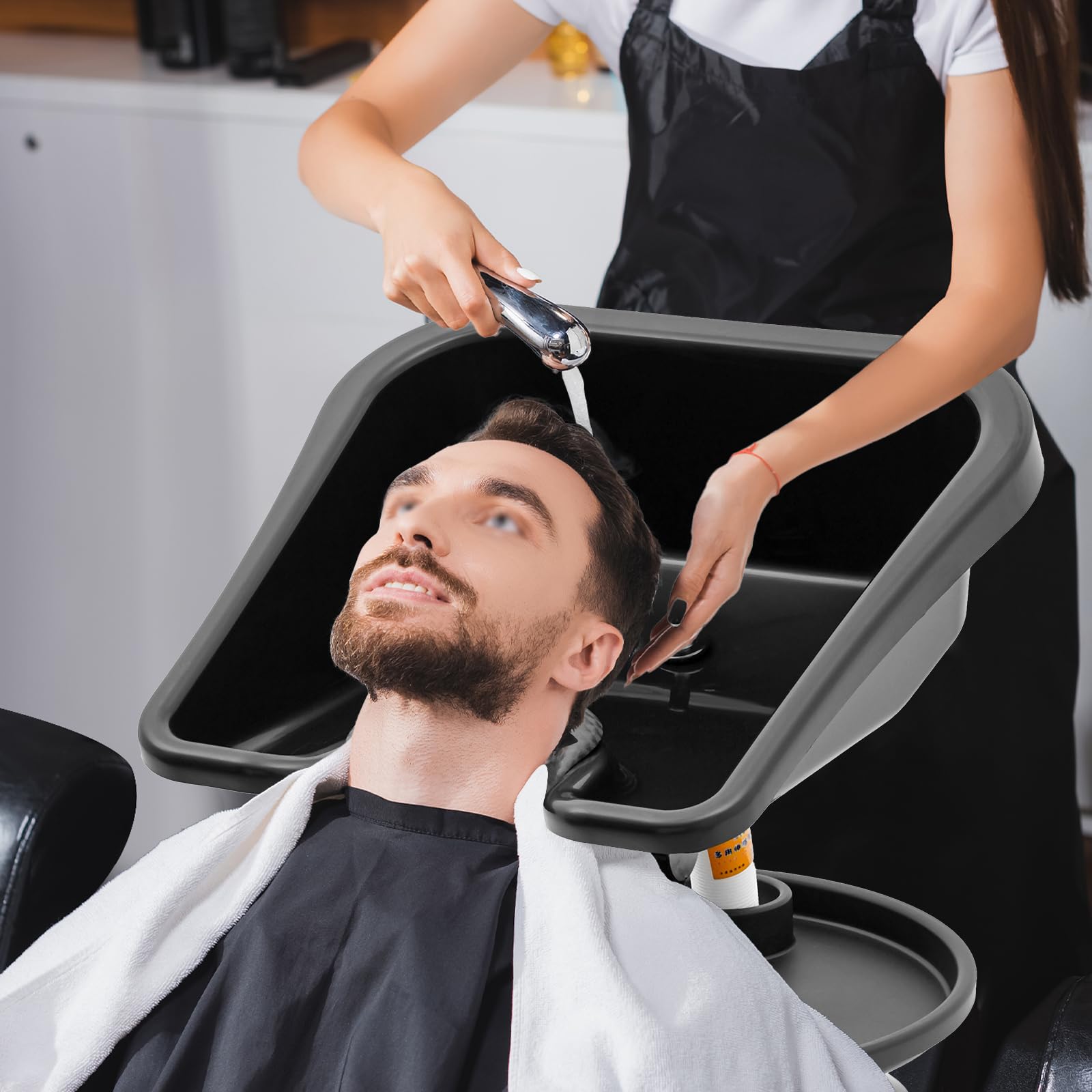 Black NEATOOM Portable Shampoo Bowl Unit Shampoo Bowl Salon Deep Shampoo Basin Sink for Washing Hair with Bucket Massage Brush Neck Rest Height Adjustable Barber and Stylist Hair Washing Station