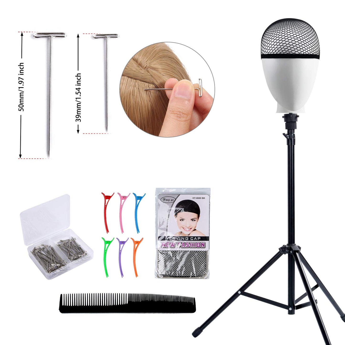 White Smoke Klvied Reinforced Wig Stand Tripod Mannequin Head Stand, Adjustable Holder for Cosmetology Hairdressing Training with T-with Caps, T-Pins, Comb, Hair Clip, Carrying Bag