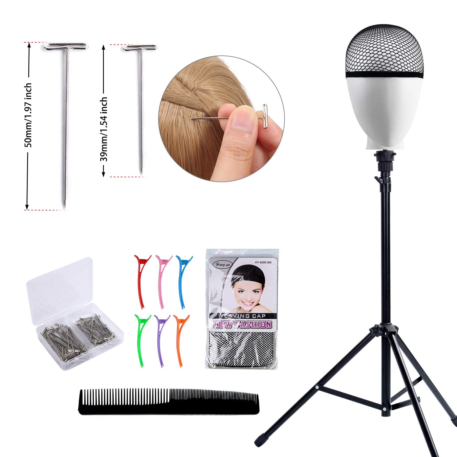 White Smoke Klvied Reinforced Wig Stand Tripod Mannequin Head Stand, Adjustable Holder for Cosmetology Hairdressing Training with T-with Caps, T-Pins, Comb, Hair Clip, Carrying Bag