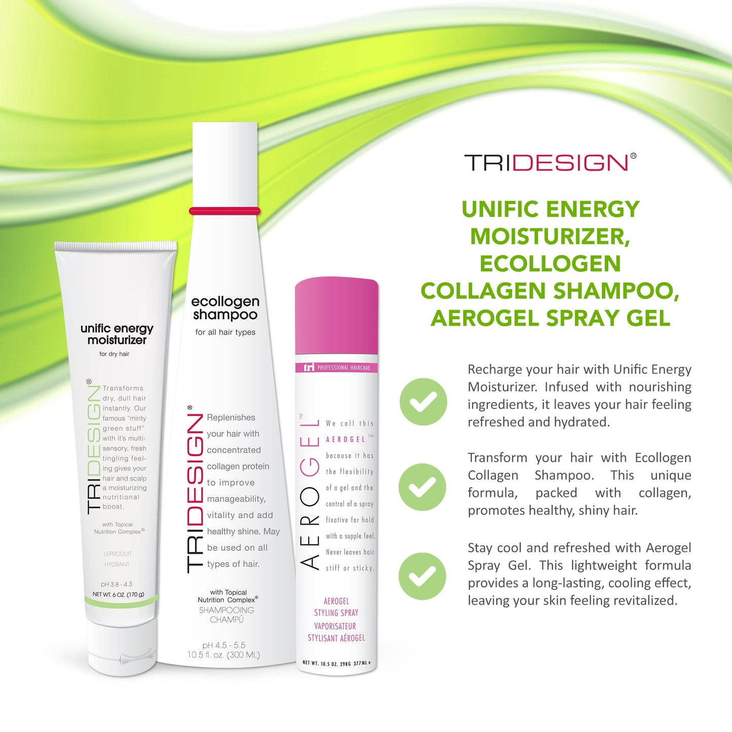 White Smoke TRI Design Shampoo, Conditioner and Hair Finishing Spray Set - Includes Aerogel Spray Gel 10.5 oz., Ecollogen Collagen Shampoo 10.5 oz. and Unific Energy Moisturizer 6 oz., for All Hair Types