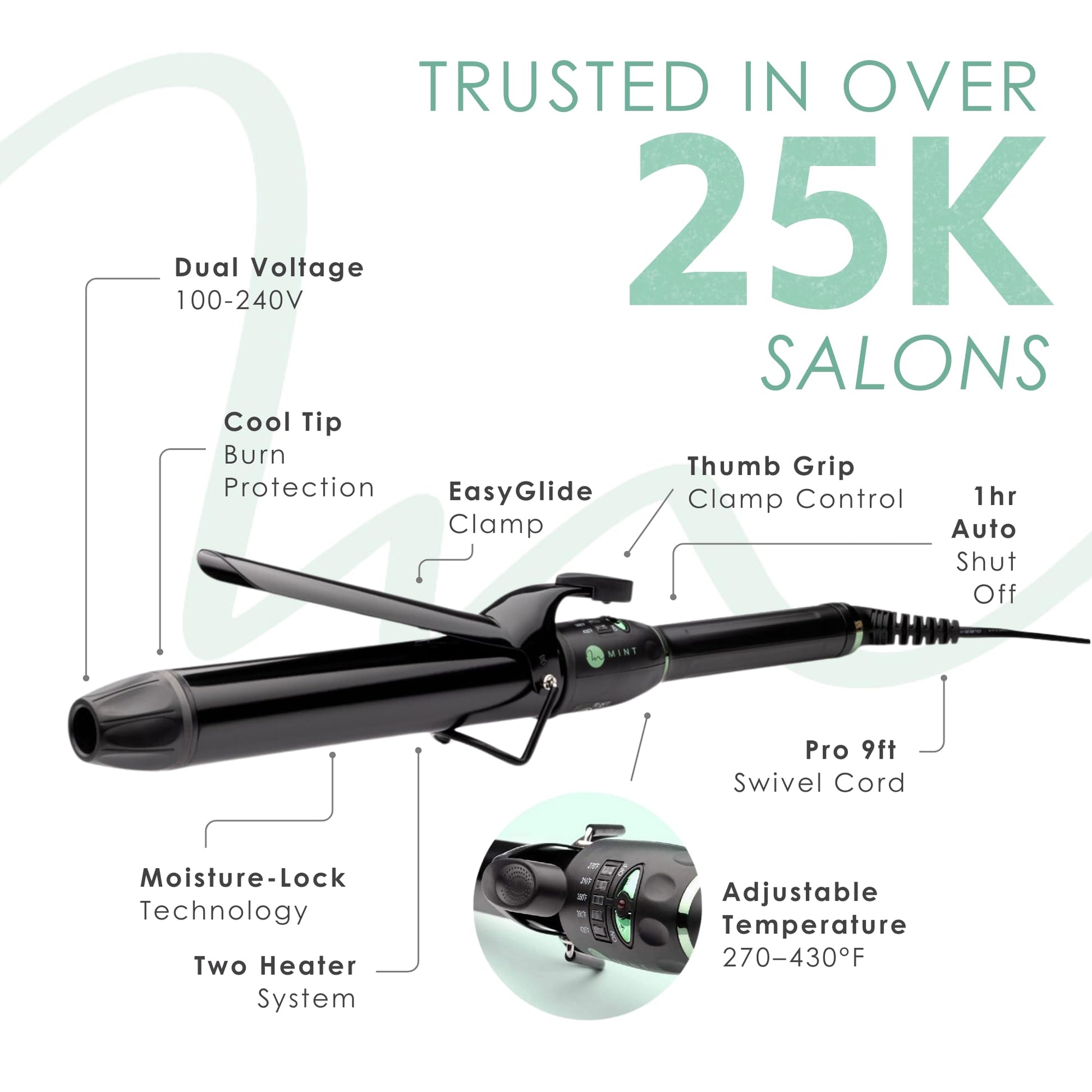 White Smoke MINT Professional Extra Long Hair Curling Iron 1 1/2 inch | 2-Heater Ceramic Barrel that Stays Hot | 1.5 Inch Hair Iron Curler for Beach Waves | Travel-Ready International Dual Voltage