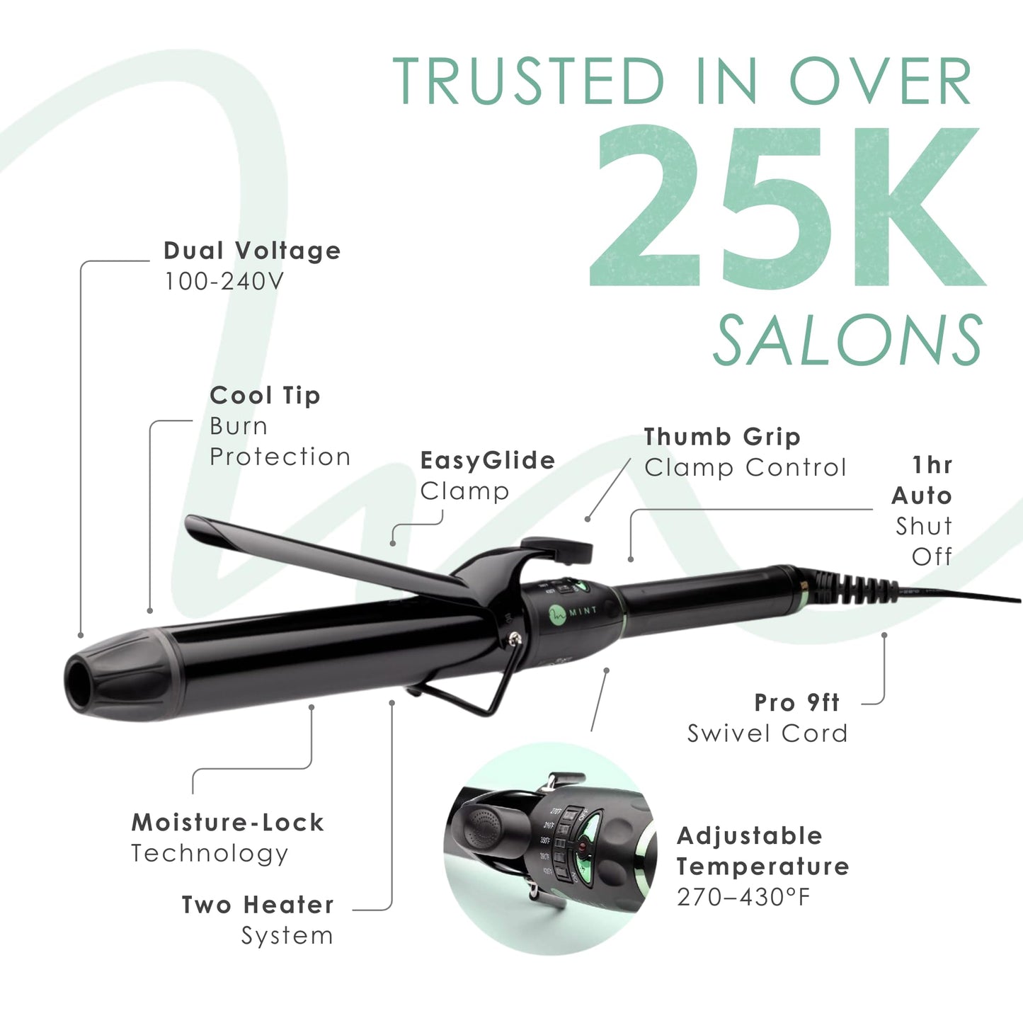 White Smoke MINT Professional Extra Long Hair Curling Iron 1 1/4 inch | 2-Heater Ceramic Barrel that Stays Hot | 1.25 Inch Hair Iron Curler for Medium to Large Curls | Travel-Ready International Dual Voltage