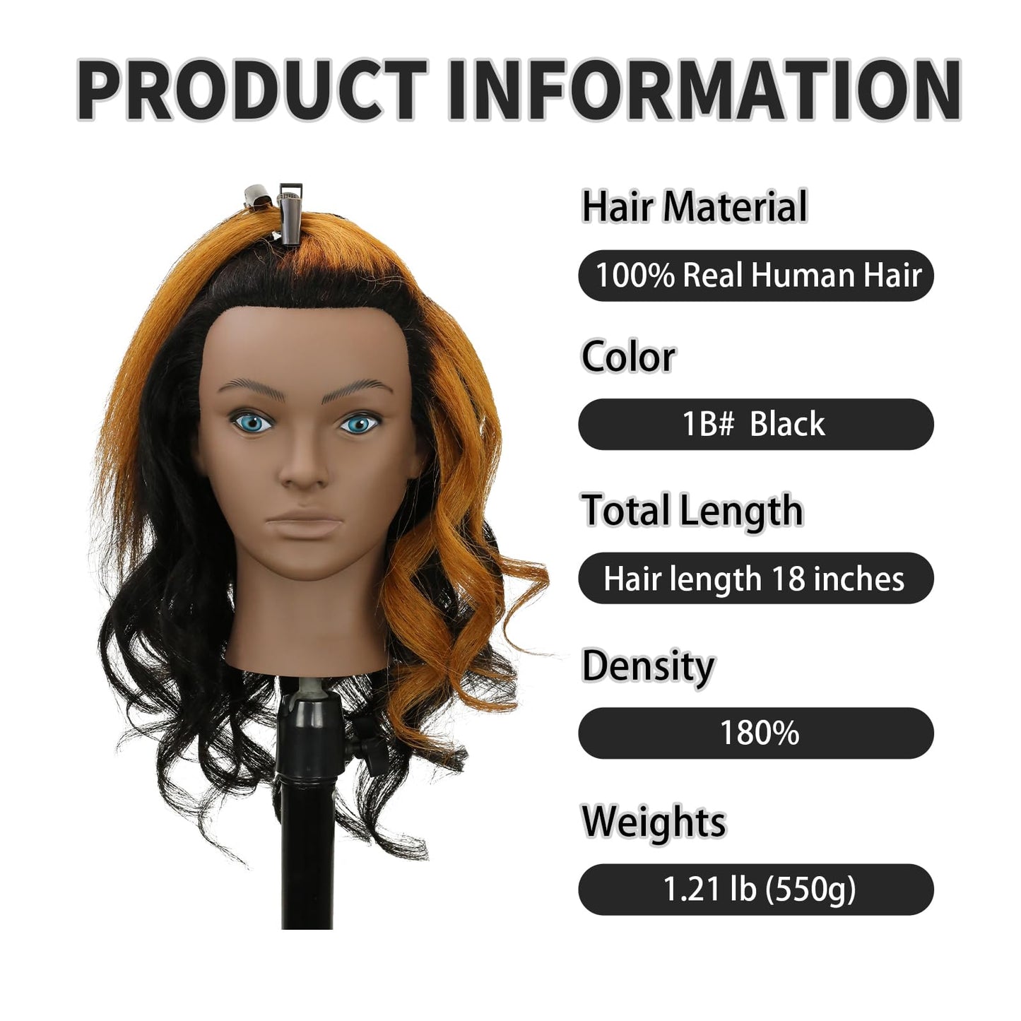 White Smoke Sirydtm 18" Mannequin Head Human Hair 100% Real Human Hair Mannequin Head Cosmetology Makeup Doll Training Head With Table Clamp Stand for Curling, Cutting Dyeing & Hairdresser School Training