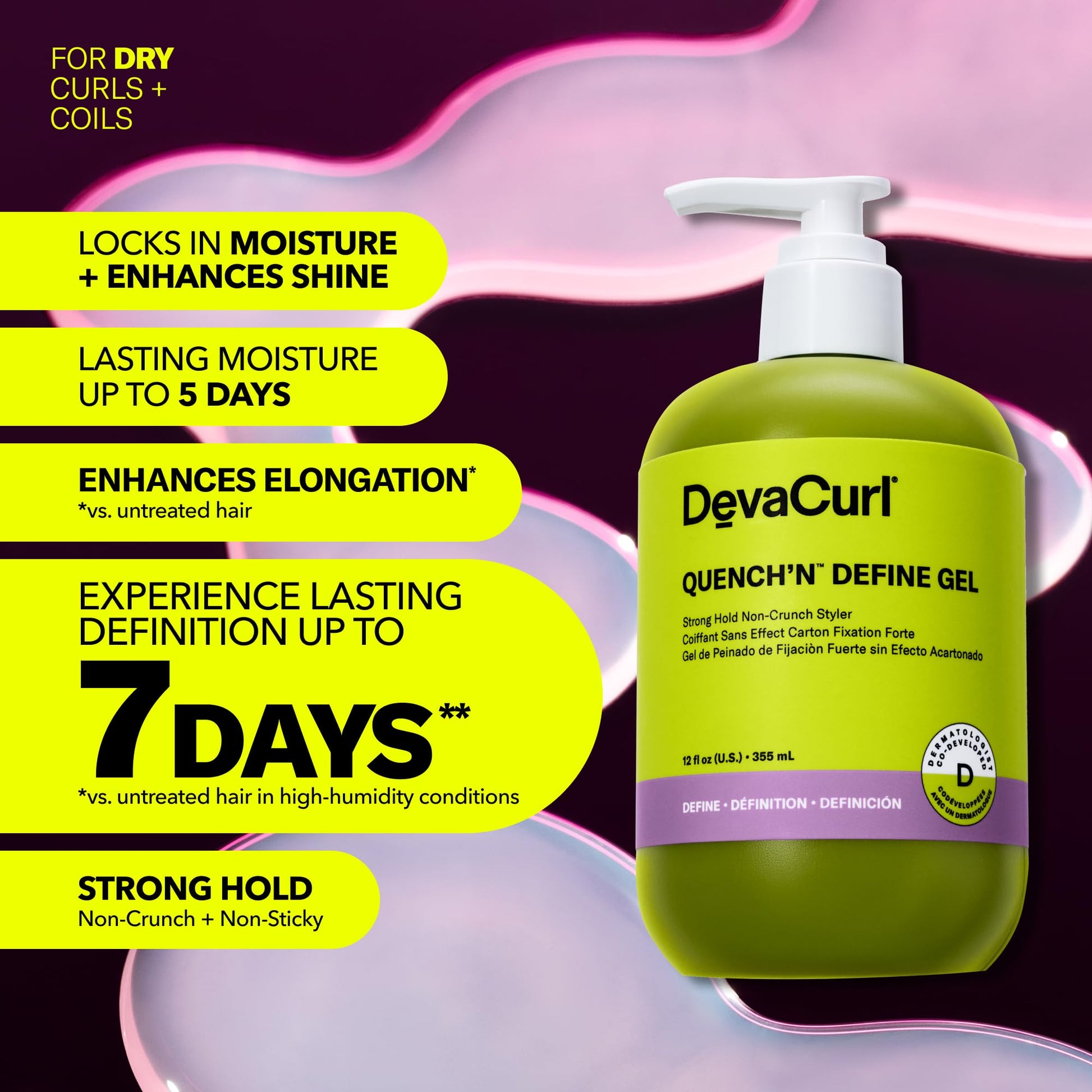 Thistle DevaCurl Quench'n Define Gel Strong Hold Non-Crunch Styler, 12 Oz | Lasts up to 7 Days | Locks & Moisturizes Curls | Enhances Shine