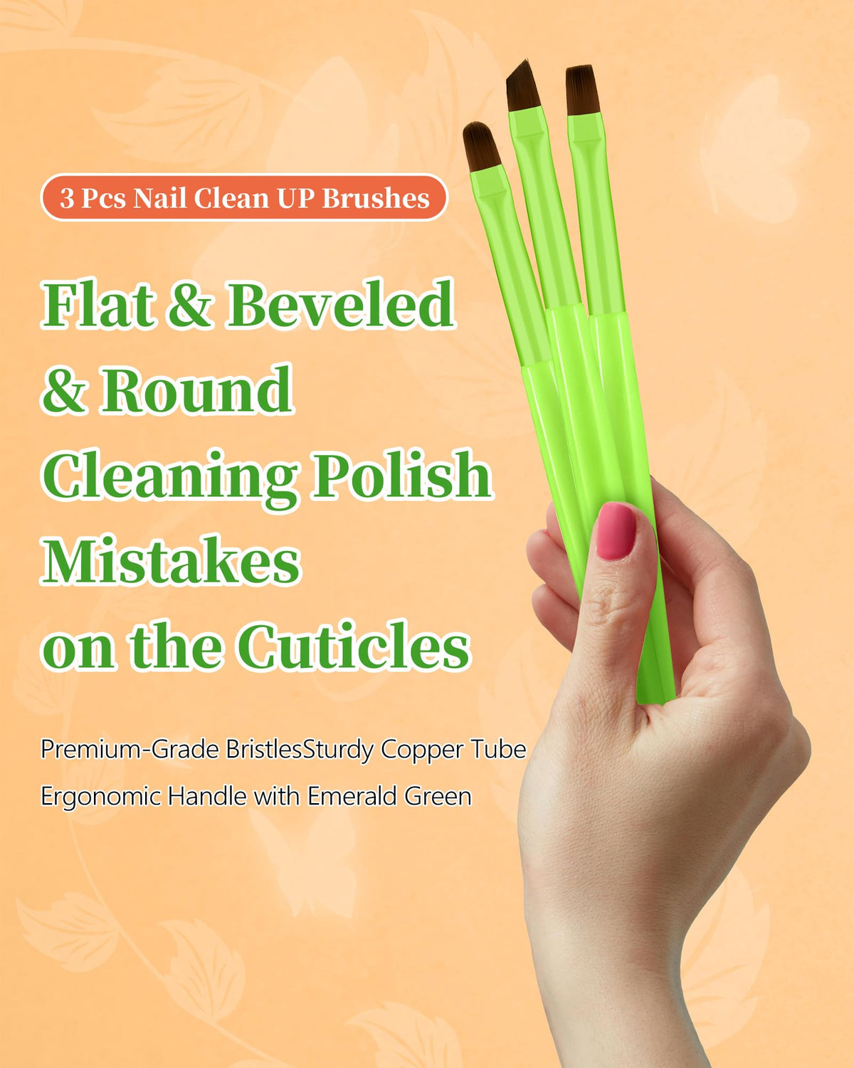 Navajo White 3PCS Nail Polish Clean Up Brush, Round&Falt&Angled Acetone Resistant Nail Brush for OPI Nail Polish Remover, Fingernail Cleaning Brushes at Home Nail Art and Designs(Bright Green)