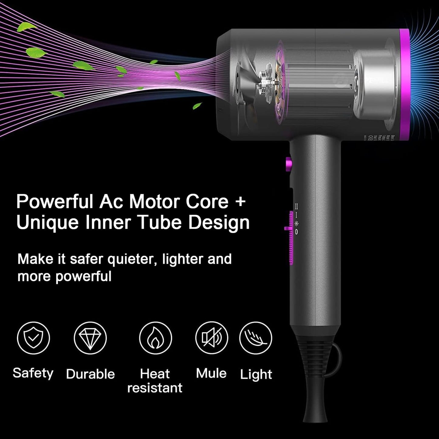Black slopehill Professional Ionic Hair Dryer, Powerful 1800W Fast Drying Low Noise Blow Dryer with 2 Concentrator Nozzle 1 Diffuser Attachments for Home Salon Travel