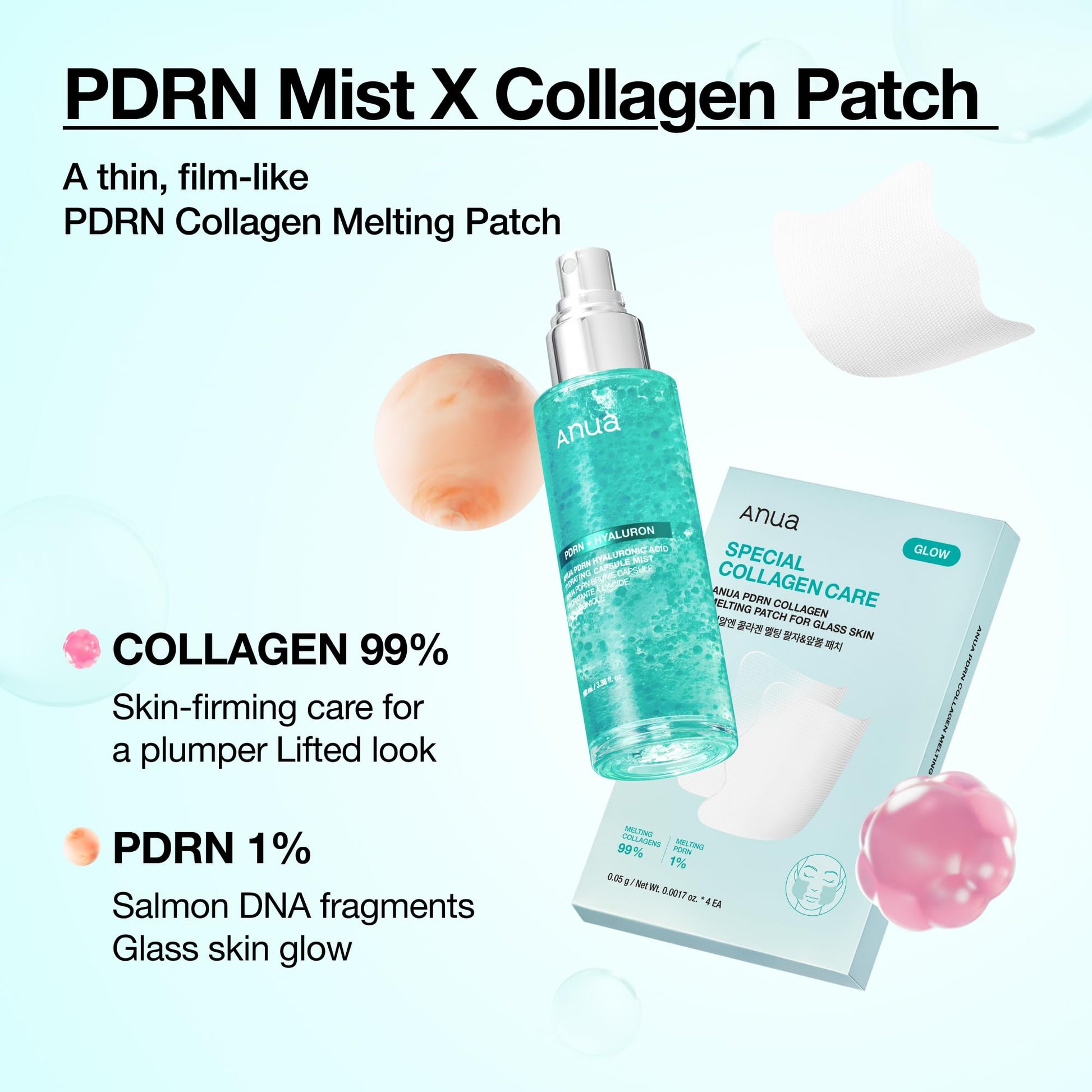 Alice Blue ANUA PDRN Collagen Plumping & Firming Care Set, PDRN Salmon DNA Glow Serum Spray, Collagen Patch Neck & Facial Fine Line, Face Mist & Melting Duo for Perfect Home Care, Korean Skincare Set