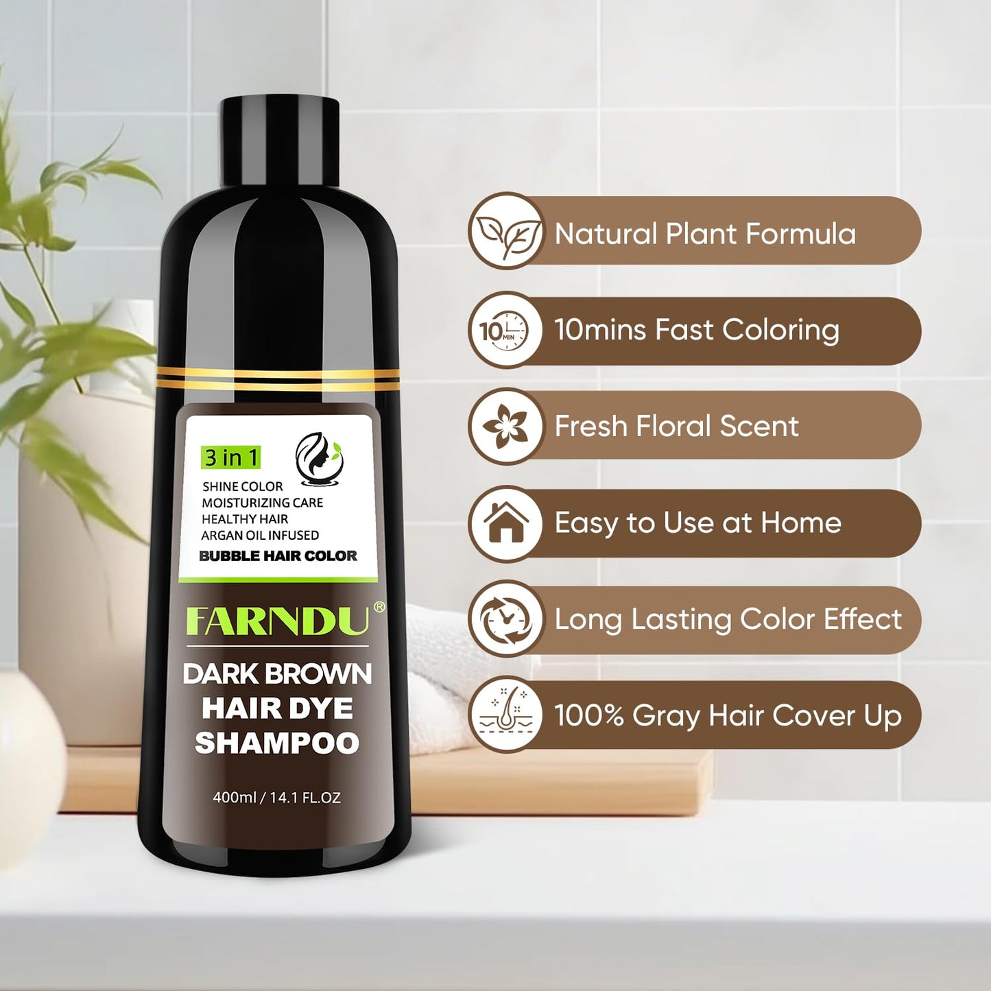Lavender Farndu Dark Brown Hair Dye Shampoo for Women Men, 3 in 1 Hair Color Shampoo Dye for Grey Hair Coverage Champu Para Canas Mujer