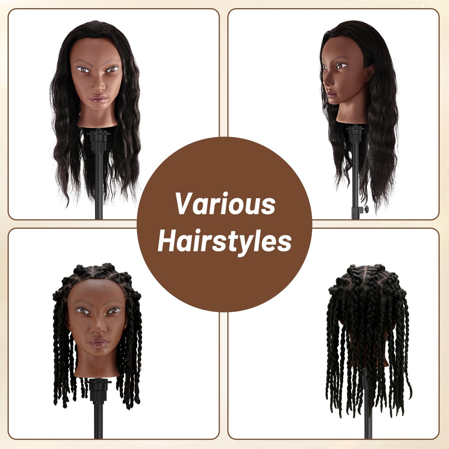 White Smoke Yekavo 20" Mannequin Head Human Hair with Tripod Stand, 90% Real Hair Cosmetology Black Manikin Doll Head for Hairdresser Practice Braiding with Stand Set