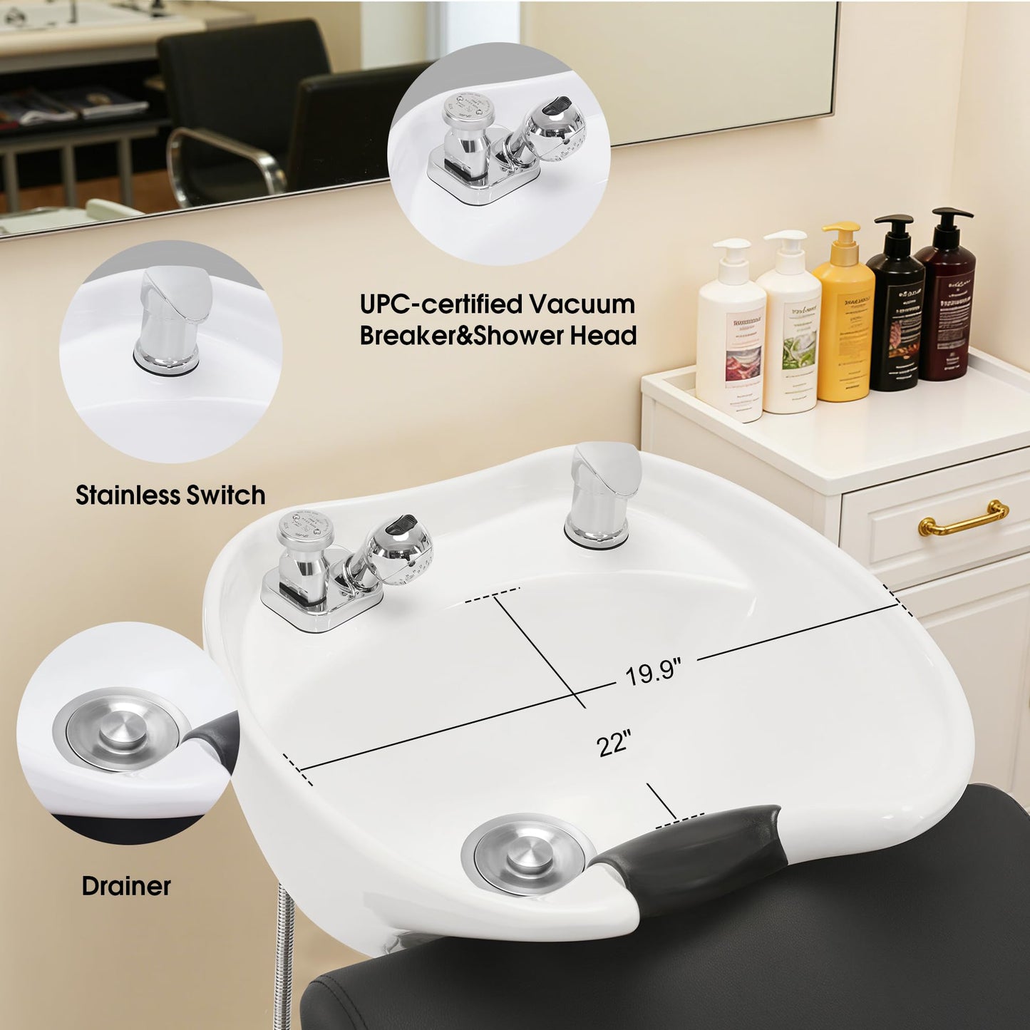 Lavender BarberPub Backwash Shampoo Station Chair, Adjustable Porcelain Ceramic Hair Wash Bowl with Chair, Shampoo Station for Barber Shop, Spa Beauty Salon Equipment 9364 (Black)
