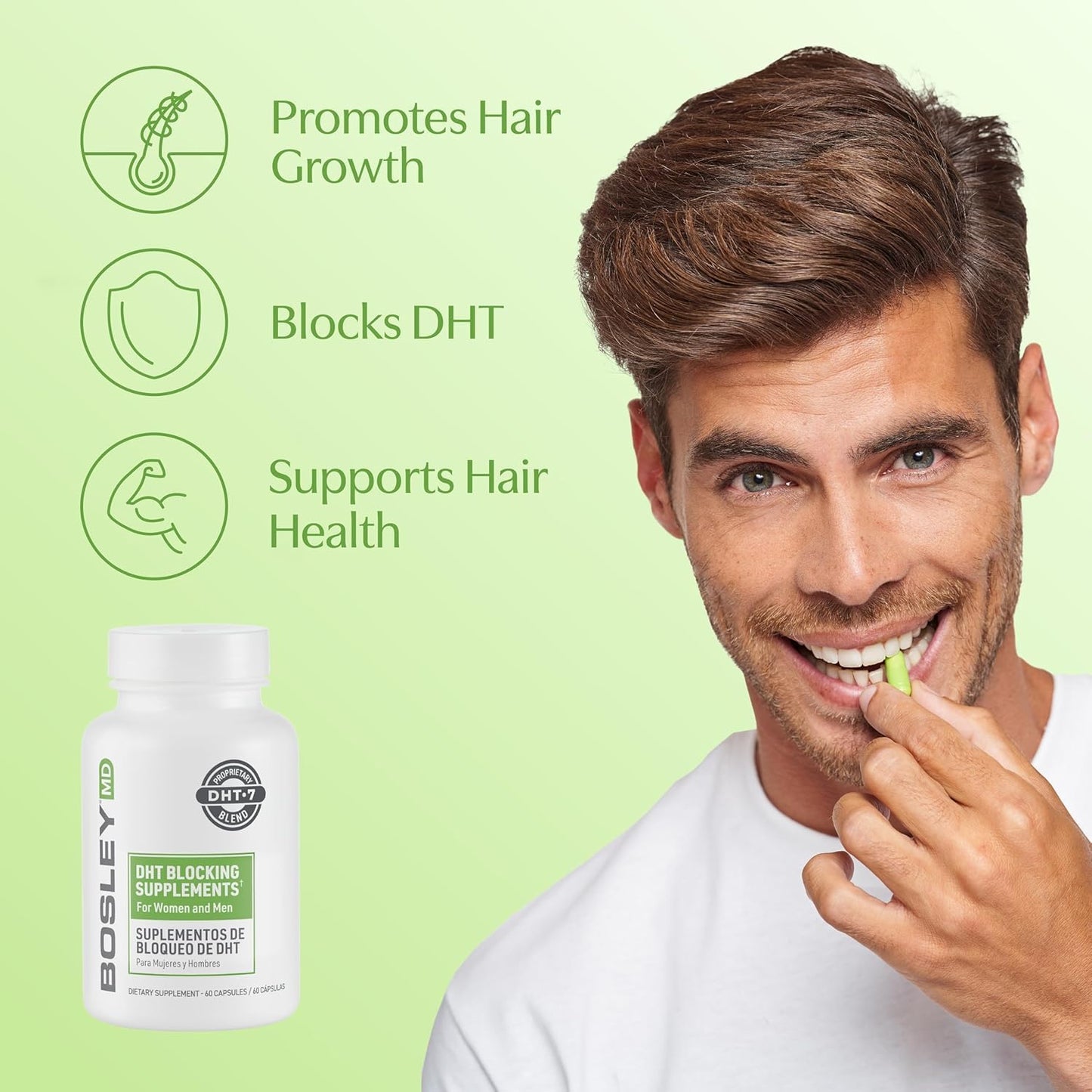 Pale Goldenrod BosleyMD Men & Women DHT Blocking Hair Supplement, Thicker Fuller Hair with DHT·7 Blend, Saw Palmetto, Reishi Mushroom, Green Tea Extract, Nettle Leaf, Dandelion Root & Pygeum Bark, 60 Capsules