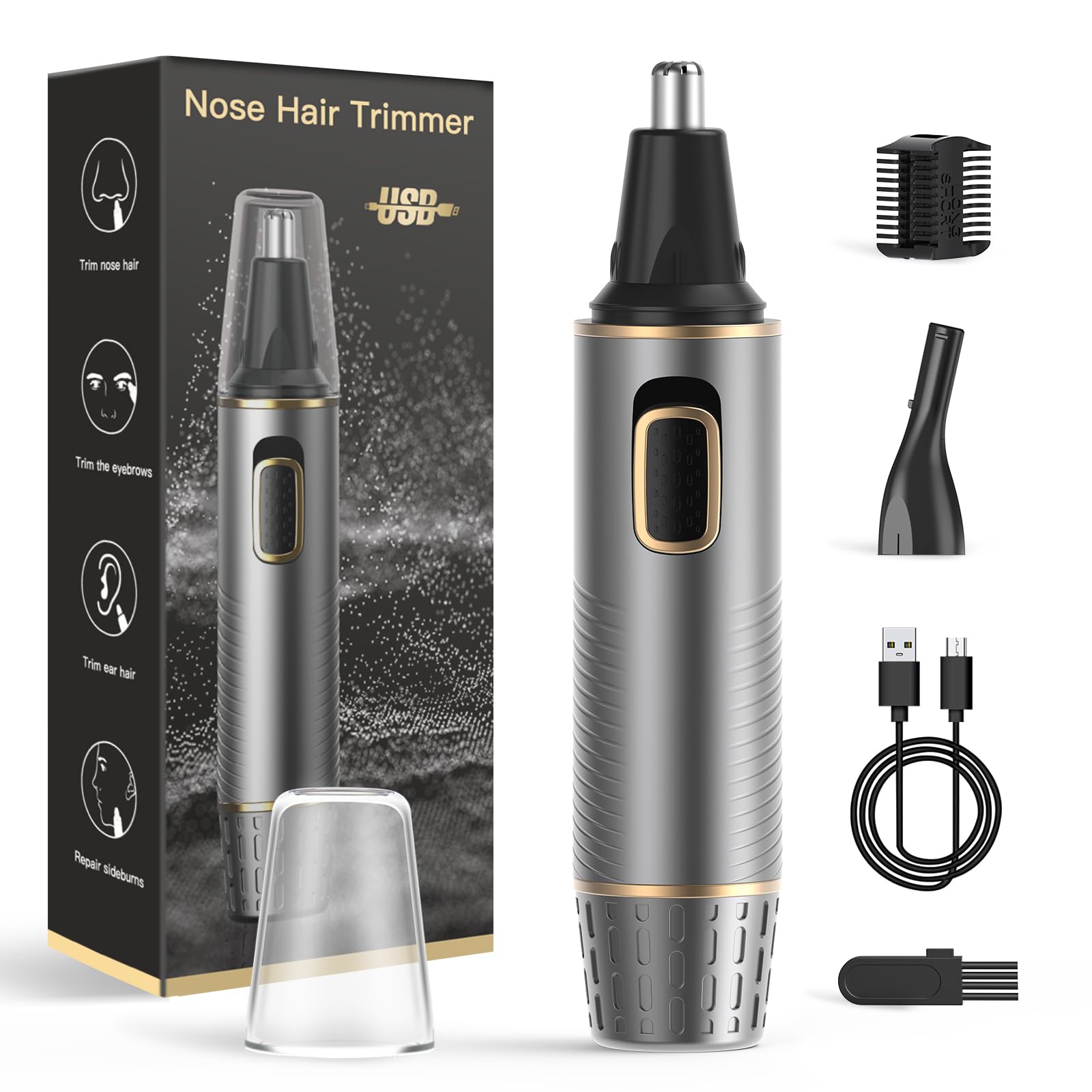 White Smoke XOOMRSCP Nose Hair Trimmers for Men，Rechargeable Hair Trimmer 2 in 1 Painless Multifunctional Ear and Nose Hair Trimmer with IPX7 Waterproof Dual Edge Blades (Grey)