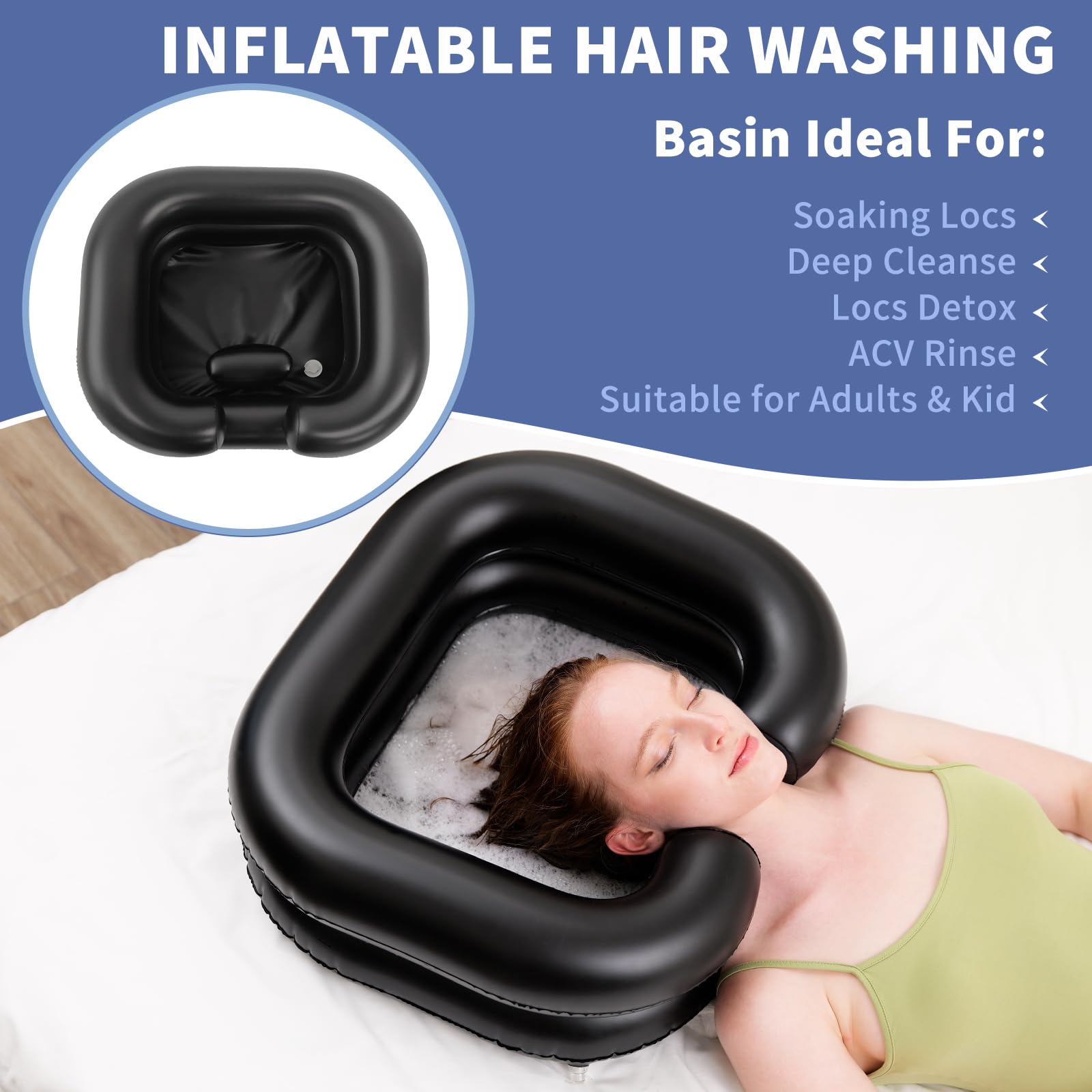 White Smoke Inflatable Shampoo Basin, Portable Shampoo Bowl with Neck Support and Drain Hose for bedridden People, Portable Shampoo Sink for The Elderly, Disabled, Pregnant Women, Injured People (Black)