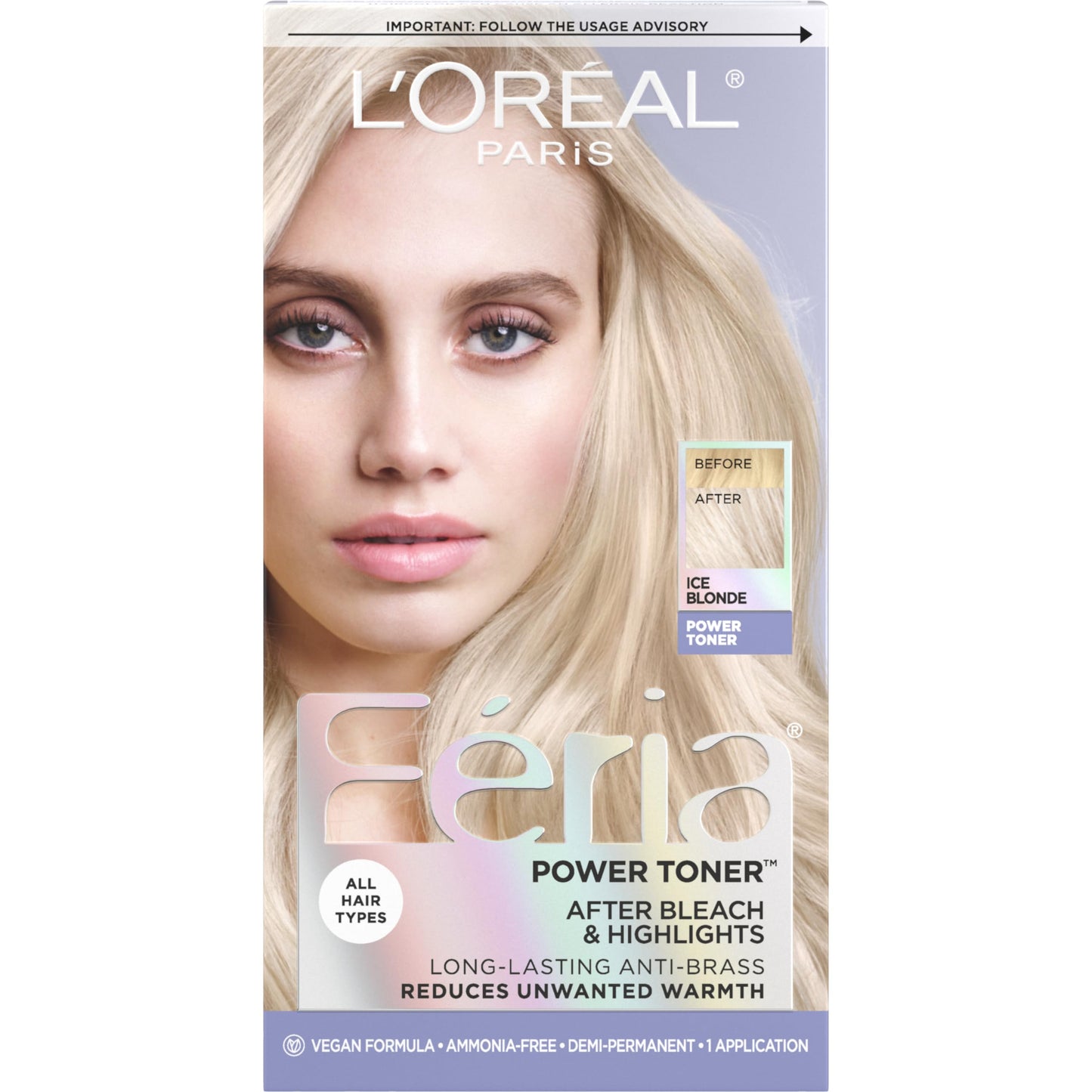 Gray L’Oreal Paris Feria Long-Lasting Anti Brass Power Hair Toner, Ammonia Free Demi Permanent Hair Color, Ice Blonde Hair Toner, 1 Application