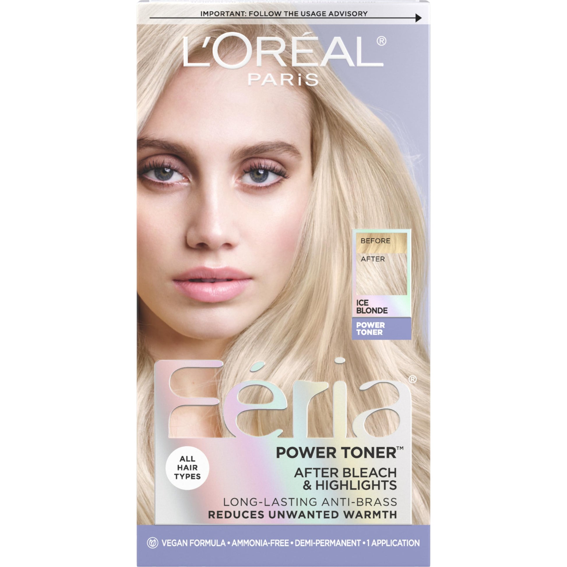 Gray L’Oreal Paris Feria Long-Lasting Anti Brass Power Hair Toner, Ammonia Free Demi Permanent Hair Color, Ice Blonde Hair Toner, 1 Application