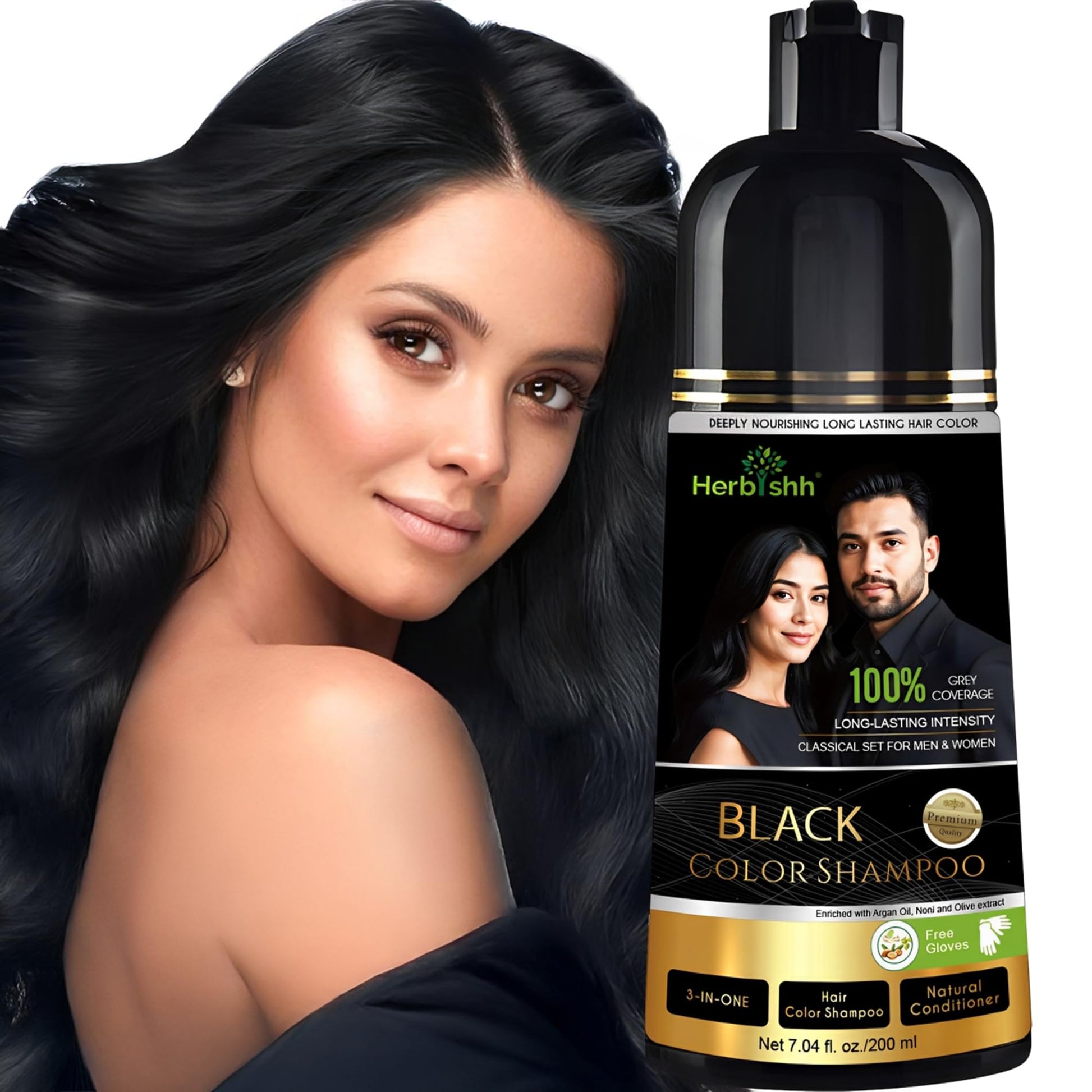 Black Herbishh Black Shampoo, Hair Dye Shampoo 3 in 1, 100% Grey Coverage, Demi-Permanent Hair Color for Men & Women, Long-lasting Color in 5-15 Mins, Ammonia-free, 200 ml